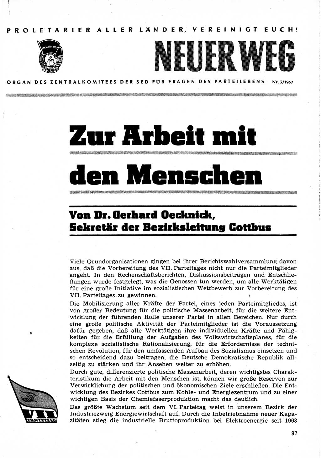 Neuer Weg (NW), Organ des Zentralkomitees (ZK) der SED (Sozialistische Einheitspartei Deutschlands) für Fragen des Parteilebens, 22. Jahrgang [Deutsche Demokratische Republik (DDR)] 1967, Seite 97 (NW ZK SED DDR 1967, S. 97)