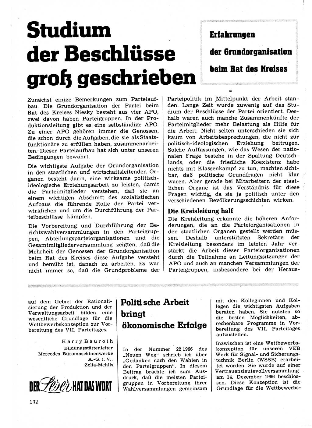 Neuer Weg (NW), Organ des Zentralkomitees (ZK) der SED (Sozialistische Einheitspartei Deutschlands) für Fragen des Parteilebens, 22. Jahrgang [Deutsche Demokratische Republik (DDR)] 1967, Seite 132 (NW ZK SED DDR 1967, S. 132)