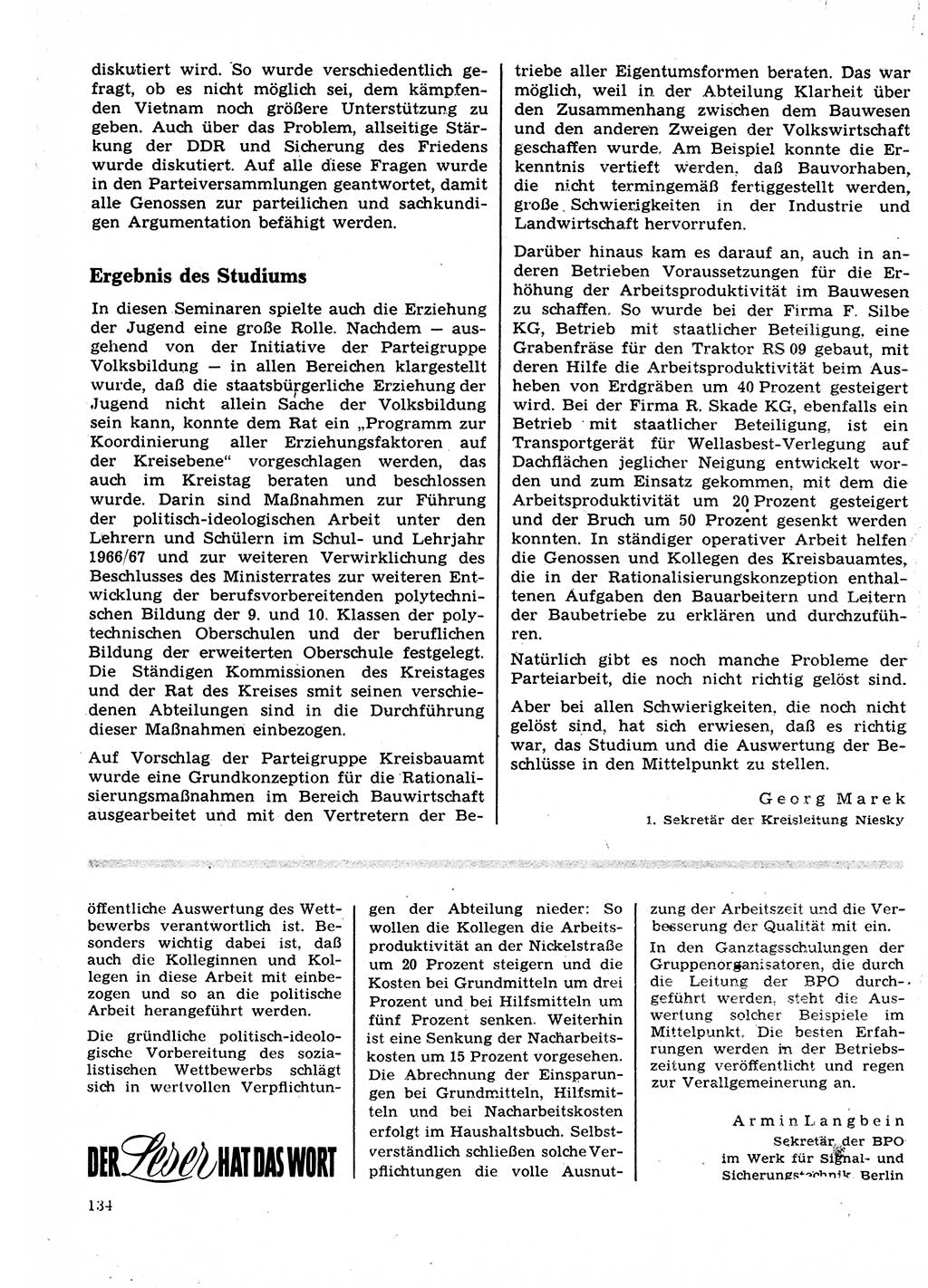 Neuer Weg (NW), Organ des Zentralkomitees (ZK) der SED (Sozialistische Einheitspartei Deutschlands) für Fragen des Parteilebens, 22. Jahrgang [Deutsche Demokratische Republik (DDR)] 1967, Seite 134 (NW ZK SED DDR 1967, S. 134)
