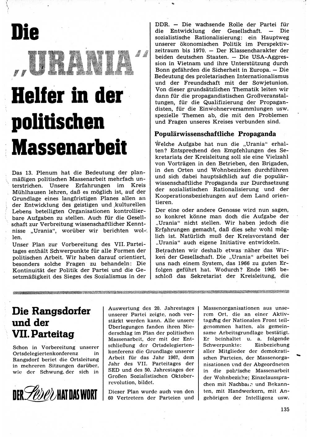 Neuer Weg (NW), Organ des Zentralkomitees (ZK) der SED (Sozialistische Einheitspartei Deutschlands) für Fragen des Parteilebens, 22. Jahrgang [Deutsche Demokratische Republik (DDR)] 1967, Seite 135 (NW ZK SED DDR 1967, S. 135)