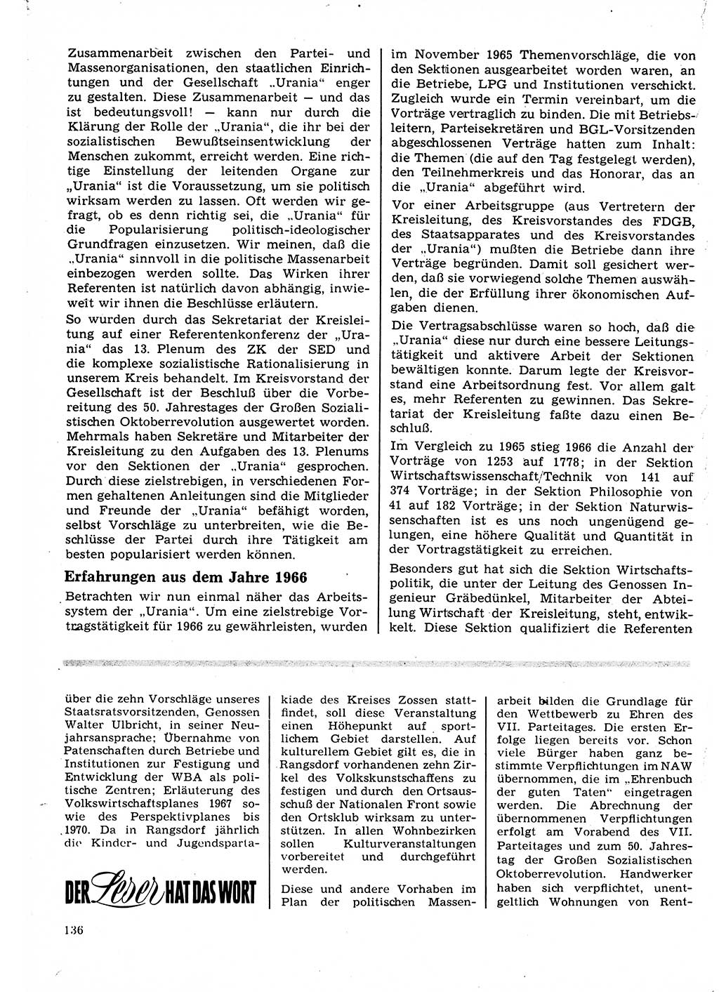 Neuer Weg (NW), Organ des Zentralkomitees (ZK) der SED (Sozialistische Einheitspartei Deutschlands) für Fragen des Parteilebens, 22. Jahrgang [Deutsche Demokratische Republik (DDR)] 1967, Seite 136 (NW ZK SED DDR 1967, S. 136)