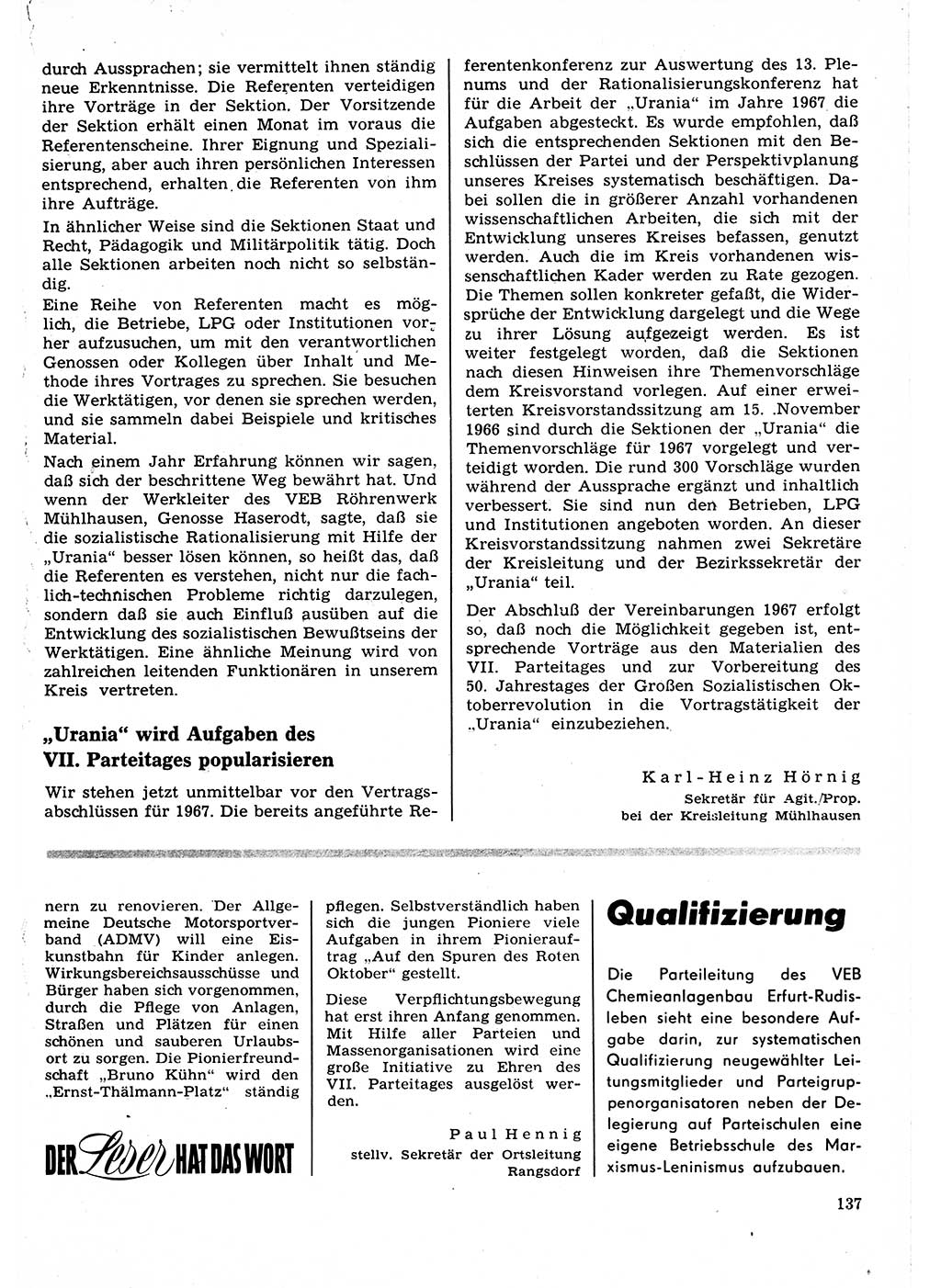 Neuer Weg (NW), Organ des Zentralkomitees (ZK) der SED (Sozialistische Einheitspartei Deutschlands) für Fragen des Parteilebens, 22. Jahrgang [Deutsche Demokratische Republik (DDR)] 1967, Seite 137 (NW ZK SED DDR 1967, S. 137)