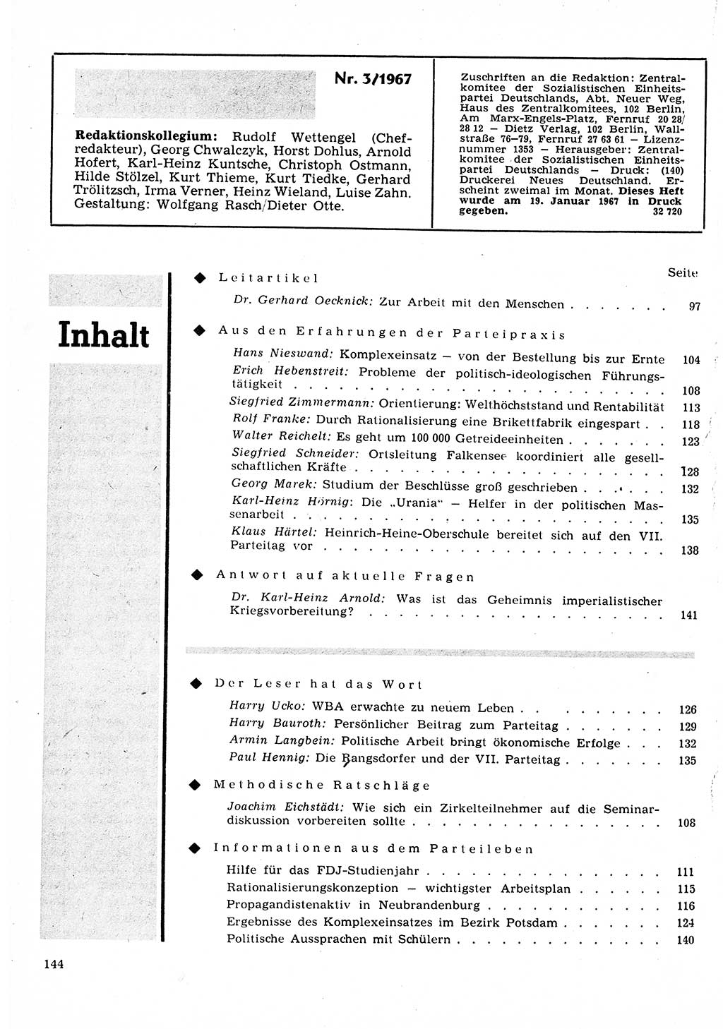 Neuer Weg (NW), Organ des Zentralkomitees (ZK) der SED (Sozialistische Einheitspartei Deutschlands) für Fragen des Parteilebens, 22. Jahrgang [Deutsche Demokratische Republik (DDR)] 1967, Seite 144 (NW ZK SED DDR 1967, S. 144)