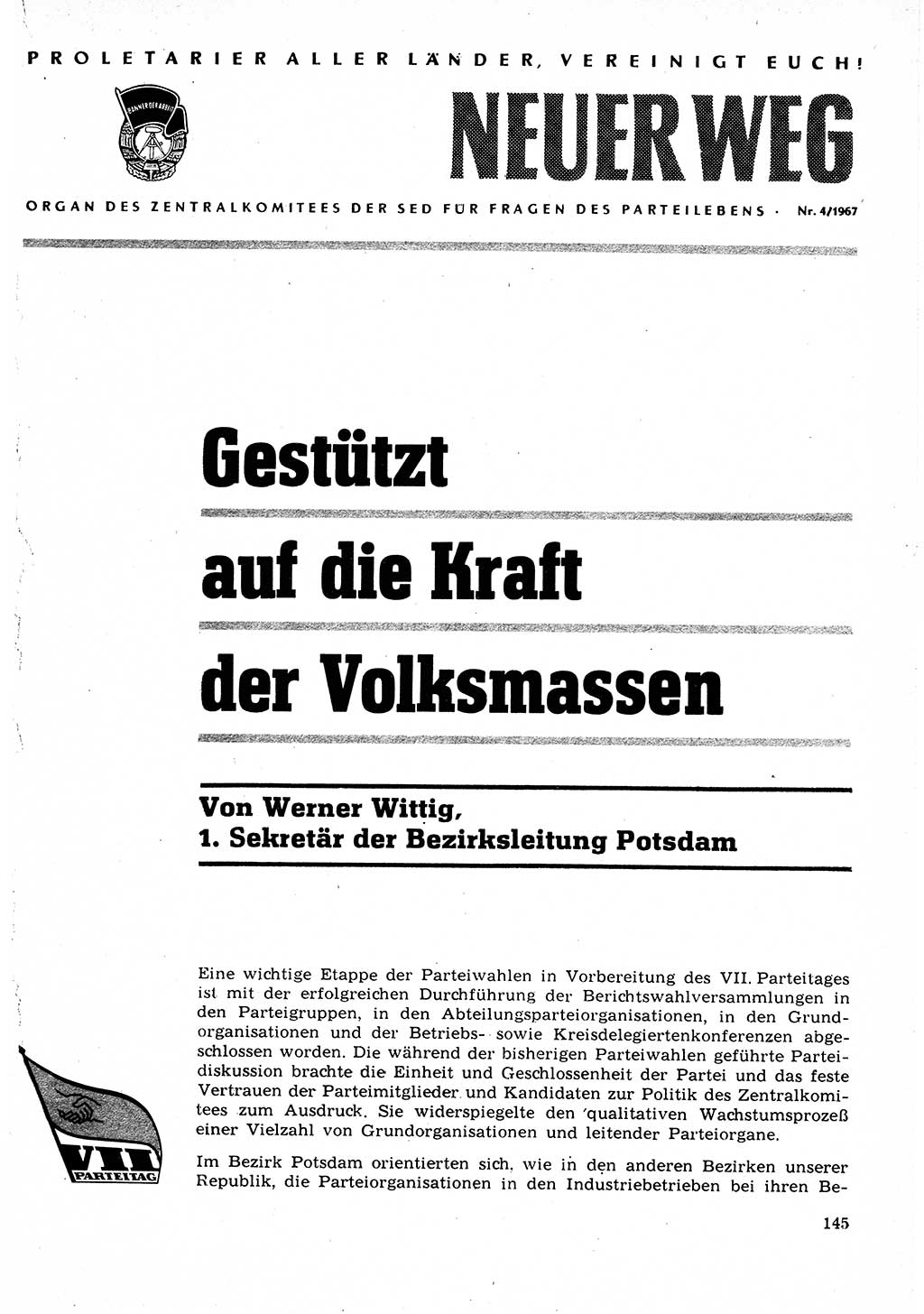 Neuer Weg (NW), Organ des Zentralkomitees (ZK) der SED (Sozialistische Einheitspartei Deutschlands) für Fragen des Parteilebens, 22. Jahrgang [Deutsche Demokratische Republik (DDR)] 1967, Seite 145 (NW ZK SED DDR 1967, S. 145)