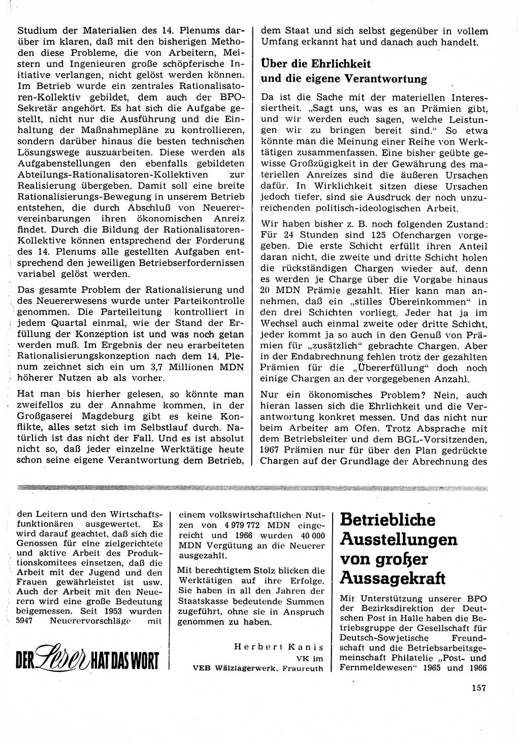 Neuer Weg (NW), Organ des Zentralkomitees (ZK) der SED (Sozialistische Einheitspartei Deutschlands) für Fragen des Parteilebens, 22. Jahrgang [Deutsche Demokratische Republik (DDR)] 1967, Seite 157 (NW ZK SED DDR 1967, S. 157)