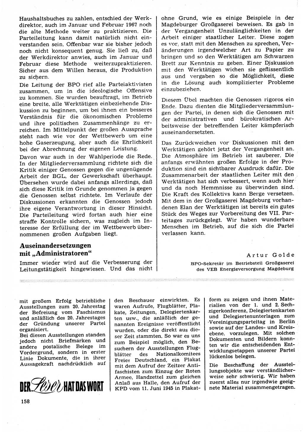 Neuer Weg (NW), Organ des Zentralkomitees (ZK) der SED (Sozialistische Einheitspartei Deutschlands) für Fragen des Parteilebens, 22. Jahrgang [Deutsche Demokratische Republik (DDR)] 1967, Seite 158 (NW ZK SED DDR 1967, S. 158)