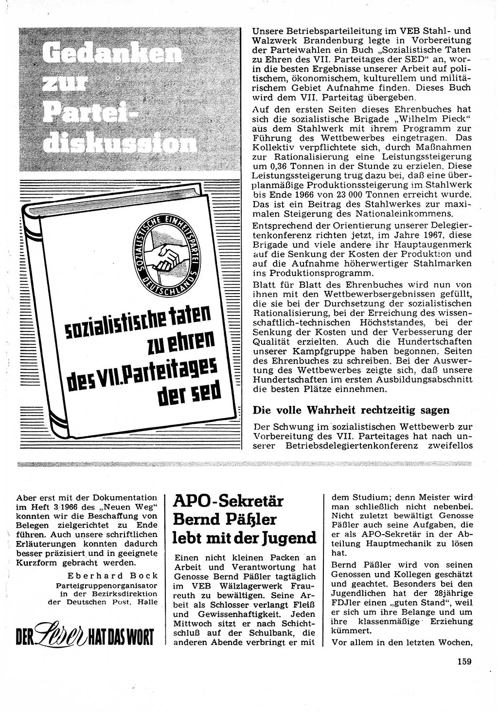 Neuer Weg (NW), Organ des Zentralkomitees (ZK) der SED (Sozialistische Einheitspartei Deutschlands) für Fragen des Parteilebens, 22. Jahrgang [Deutsche Demokratische Republik (DDR)] 1967, Seite 159 (NW ZK SED DDR 1967, S. 159)