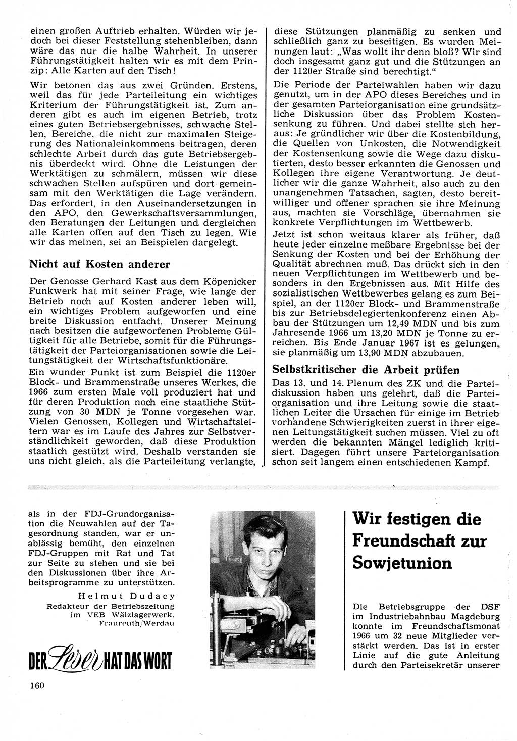 Neuer Weg (NW), Organ des Zentralkomitees (ZK) der SED (Sozialistische Einheitspartei Deutschlands) für Fragen des Parteilebens, 22. Jahrgang [Deutsche Demokratische Republik (DDR)] 1967, Seite 160 (NW ZK SED DDR 1967, S. 160)