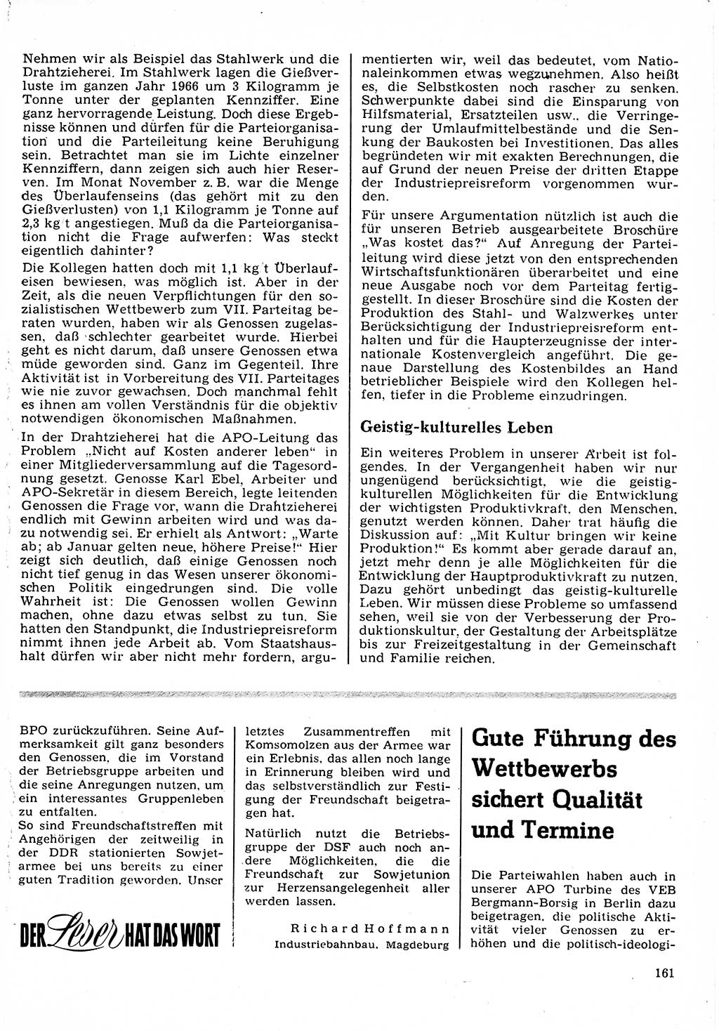 Neuer Weg (NW), Organ des Zentralkomitees (ZK) der SED (Sozialistische Einheitspartei Deutschlands) für Fragen des Parteilebens, 22. Jahrgang [Deutsche Demokratische Republik (DDR)] 1967, Seite 161 (NW ZK SED DDR 1967, S. 161)