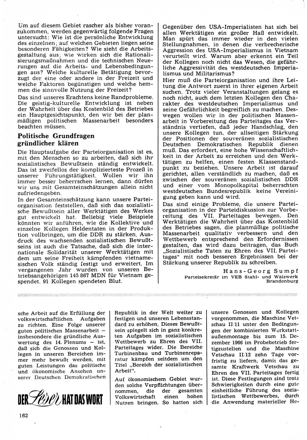 Neuer Weg (NW), Organ des Zentralkomitees (ZK) der SED (Sozialistische Einheitspartei Deutschlands) für Fragen des Parteilebens, 22. Jahrgang [Deutsche Demokratische Republik (DDR)] 1967, Seite 162 (NW ZK SED DDR 1967, S. 162)