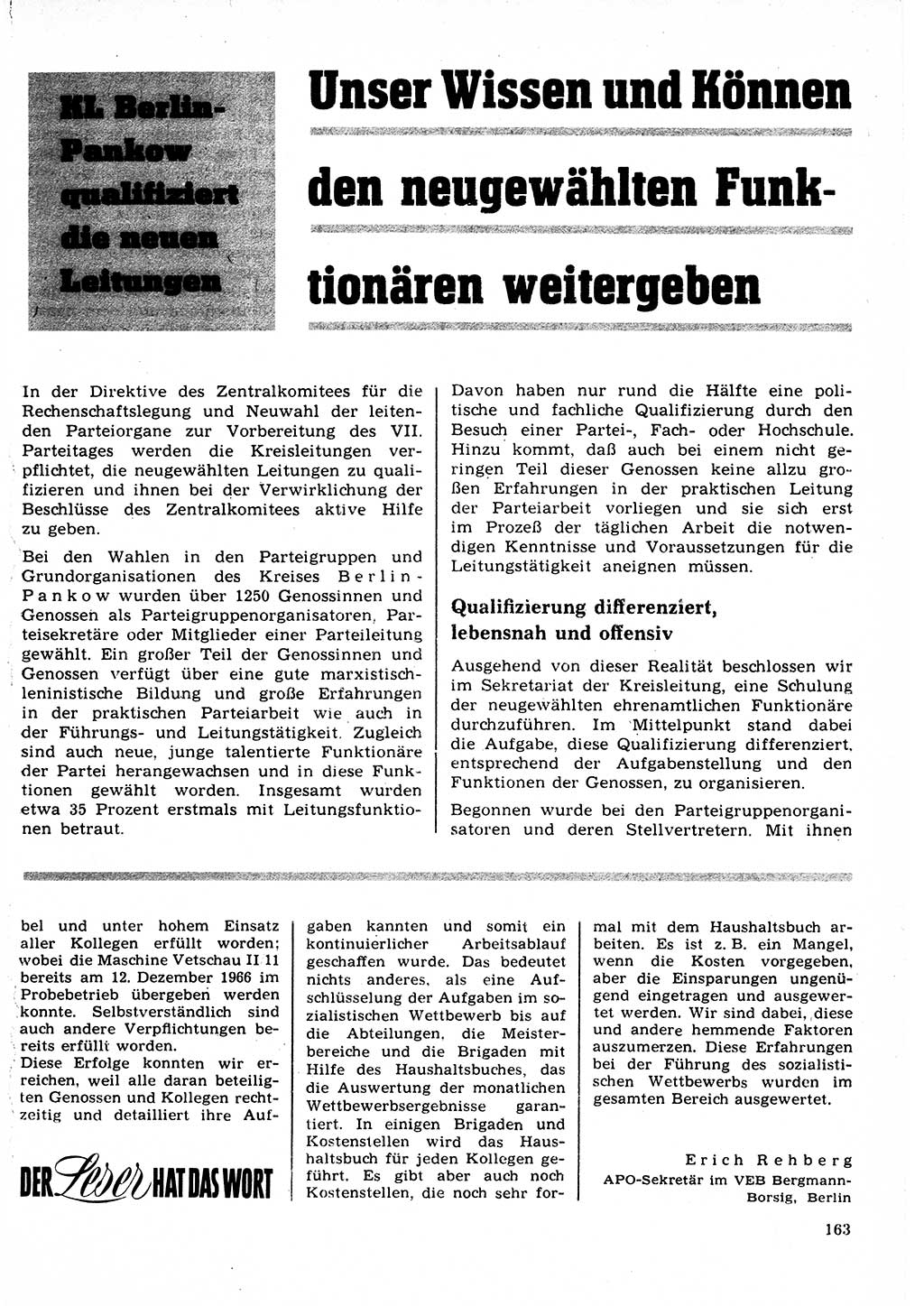 Neuer Weg (NW), Organ des Zentralkomitees (ZK) der SED (Sozialistische Einheitspartei Deutschlands) für Fragen des Parteilebens, 22. Jahrgang [Deutsche Demokratische Republik (DDR)] 1967, Seite 163 (NW ZK SED DDR 1967, S. 163)