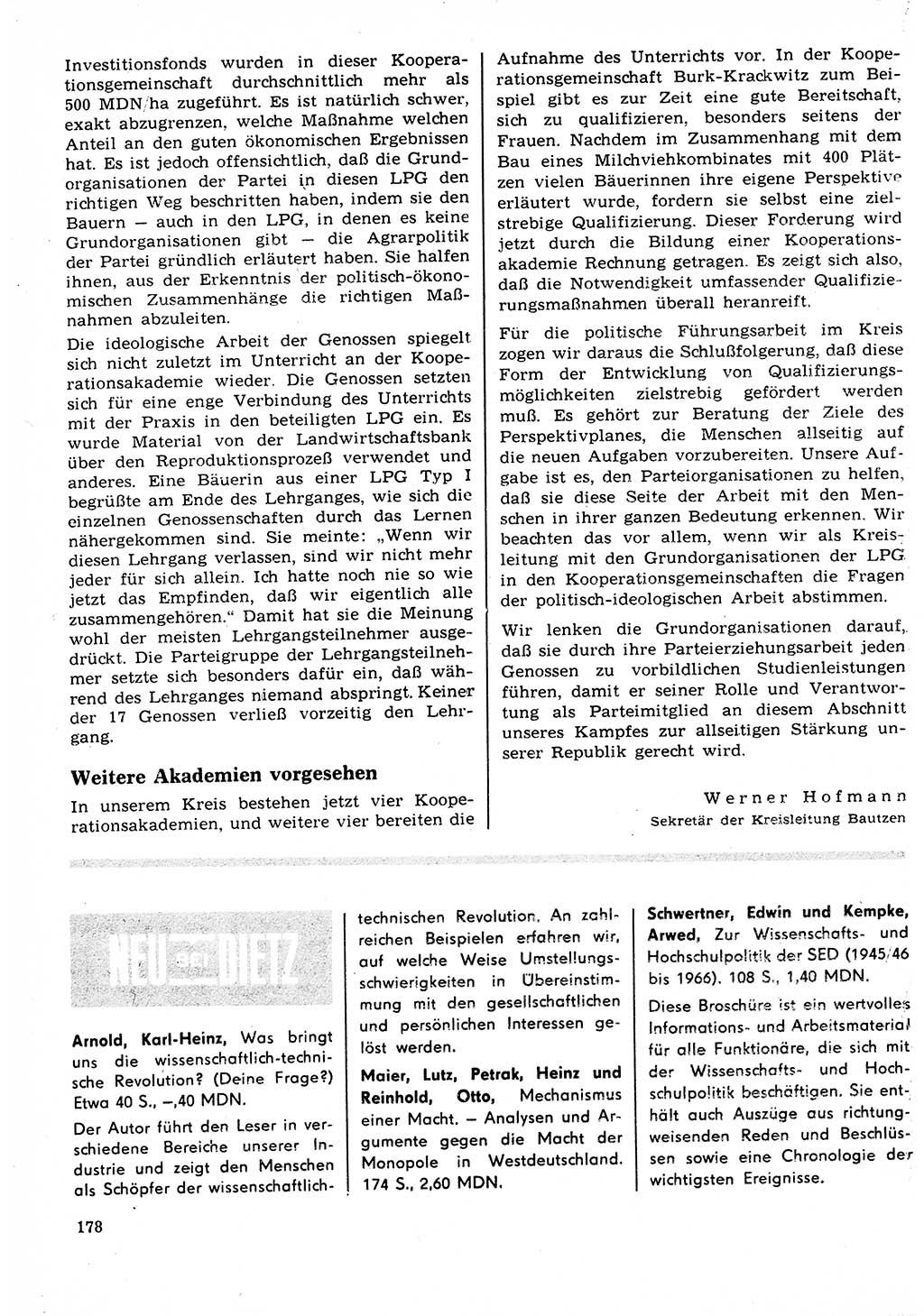 Neuer Weg (NW), Organ des Zentralkomitees (ZK) der SED (Sozialistische Einheitspartei Deutschlands) für Fragen des Parteilebens, 22. Jahrgang [Deutsche Demokratische Republik (DDR)] 1967, Seite 178 (NW ZK SED DDR 1967, S. 178)
