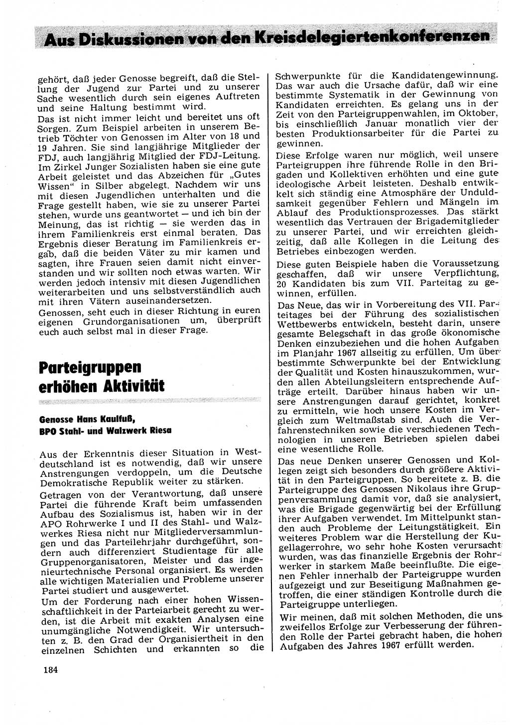 Neuer Weg (NW), Organ des Zentralkomitees (ZK) der SED (Sozialistische Einheitspartei Deutschlands) für Fragen des Parteilebens, 22. Jahrgang [Deutsche Demokratische Republik (DDR)] 1967, Seite 184 (NW ZK SED DDR 1967, S. 184)