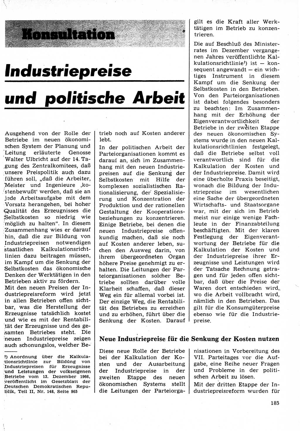 Neuer Weg (NW), Organ des Zentralkomitees (ZK) der SED (Sozialistische Einheitspartei Deutschlands) für Fragen des Parteilebens, 22. Jahrgang [Deutsche Demokratische Republik (DDR)] 1967, Seite 185 (NW ZK SED DDR 1967, S. 185)