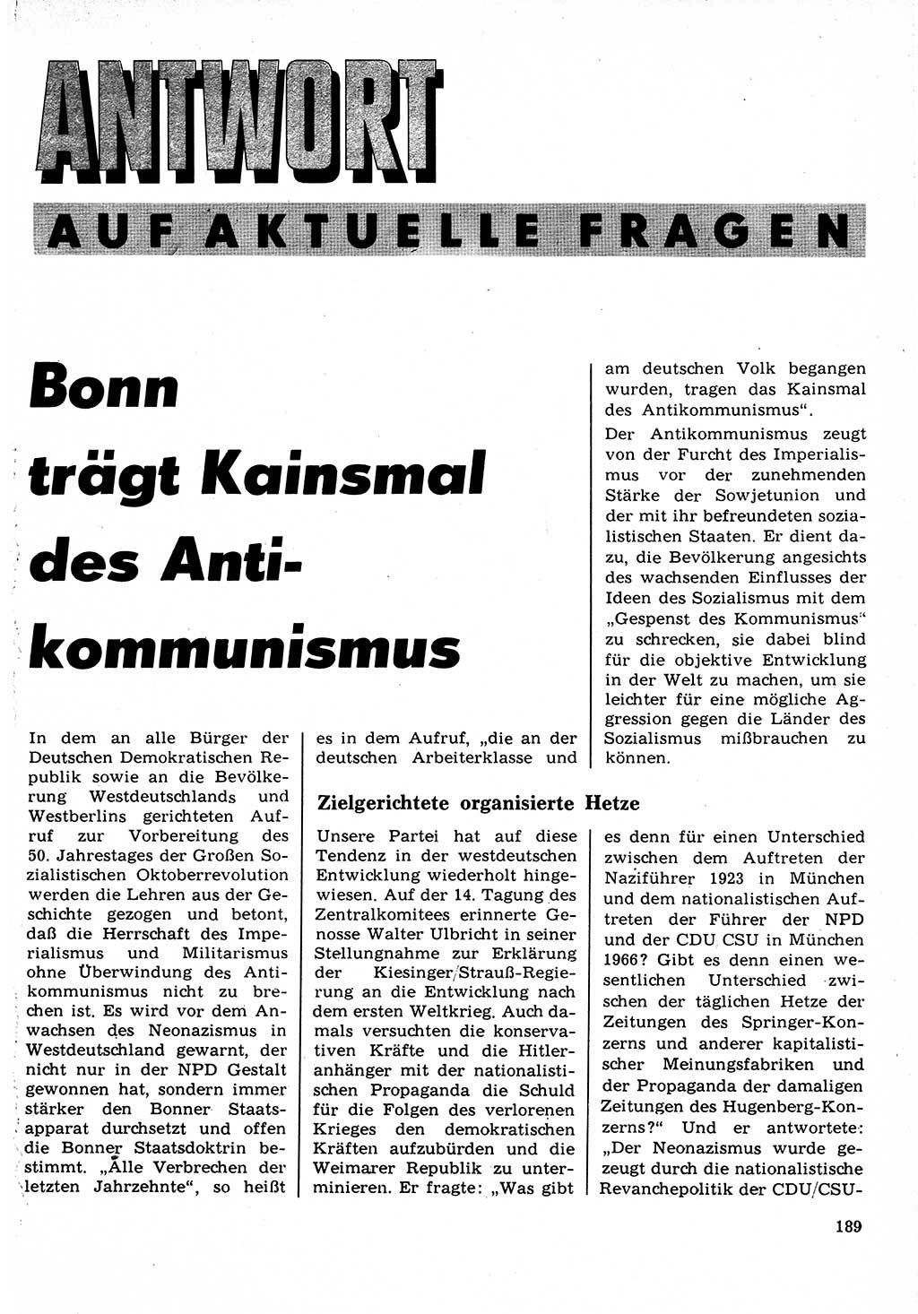 Neuer Weg (NW), Organ des Zentralkomitees (ZK) der SED (Sozialistische Einheitspartei Deutschlands) für Fragen des Parteilebens, 22. Jahrgang [Deutsche Demokratische Republik (DDR)] 1967, Seite 189 (NW ZK SED DDR 1967, S. 189)