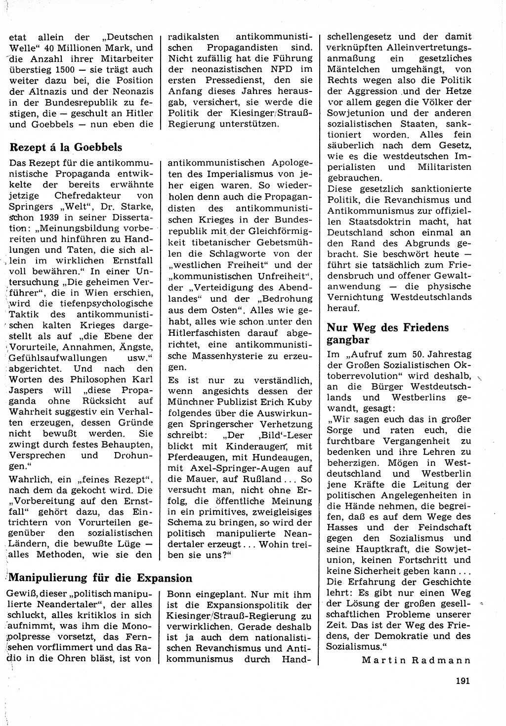 Neuer Weg (NW), Organ des Zentralkomitees (ZK) der SED (Sozialistische Einheitspartei Deutschlands) für Fragen des Parteilebens, 22. Jahrgang [Deutsche Demokratische Republik (DDR)] 1967, Seite 191 (NW ZK SED DDR 1967, S. 191)