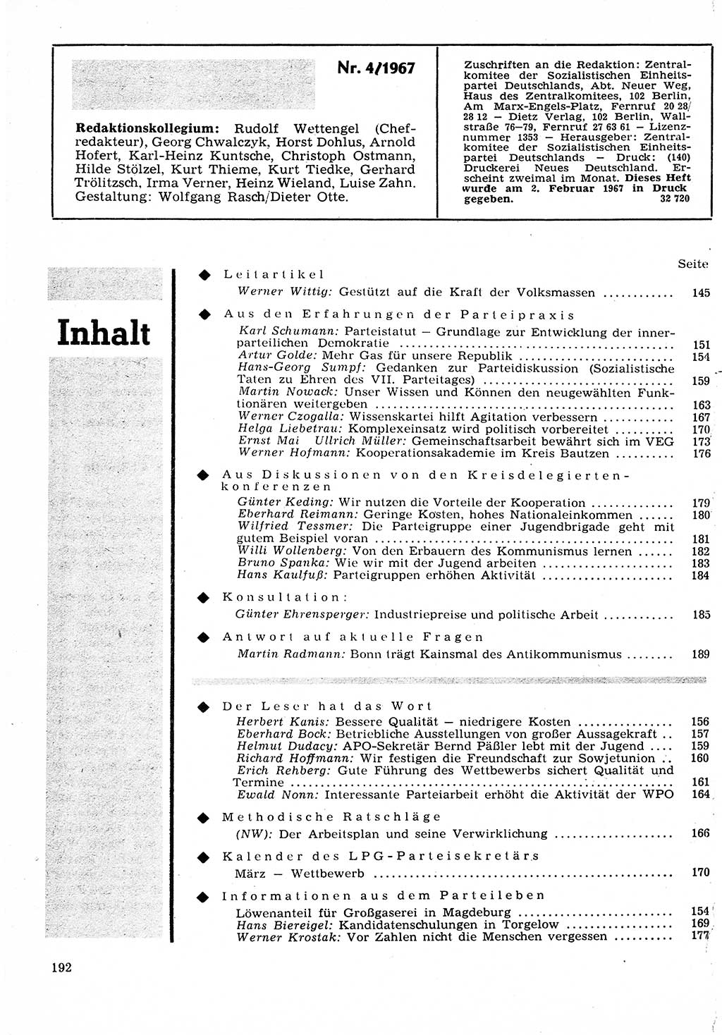 Neuer Weg (NW), Organ des Zentralkomitees (ZK) der SED (Sozialistische Einheitspartei Deutschlands) für Fragen des Parteilebens, 22. Jahrgang [Deutsche Demokratische Republik (DDR)] 1967, Seite 192 (NW ZK SED DDR 1967, S. 192)