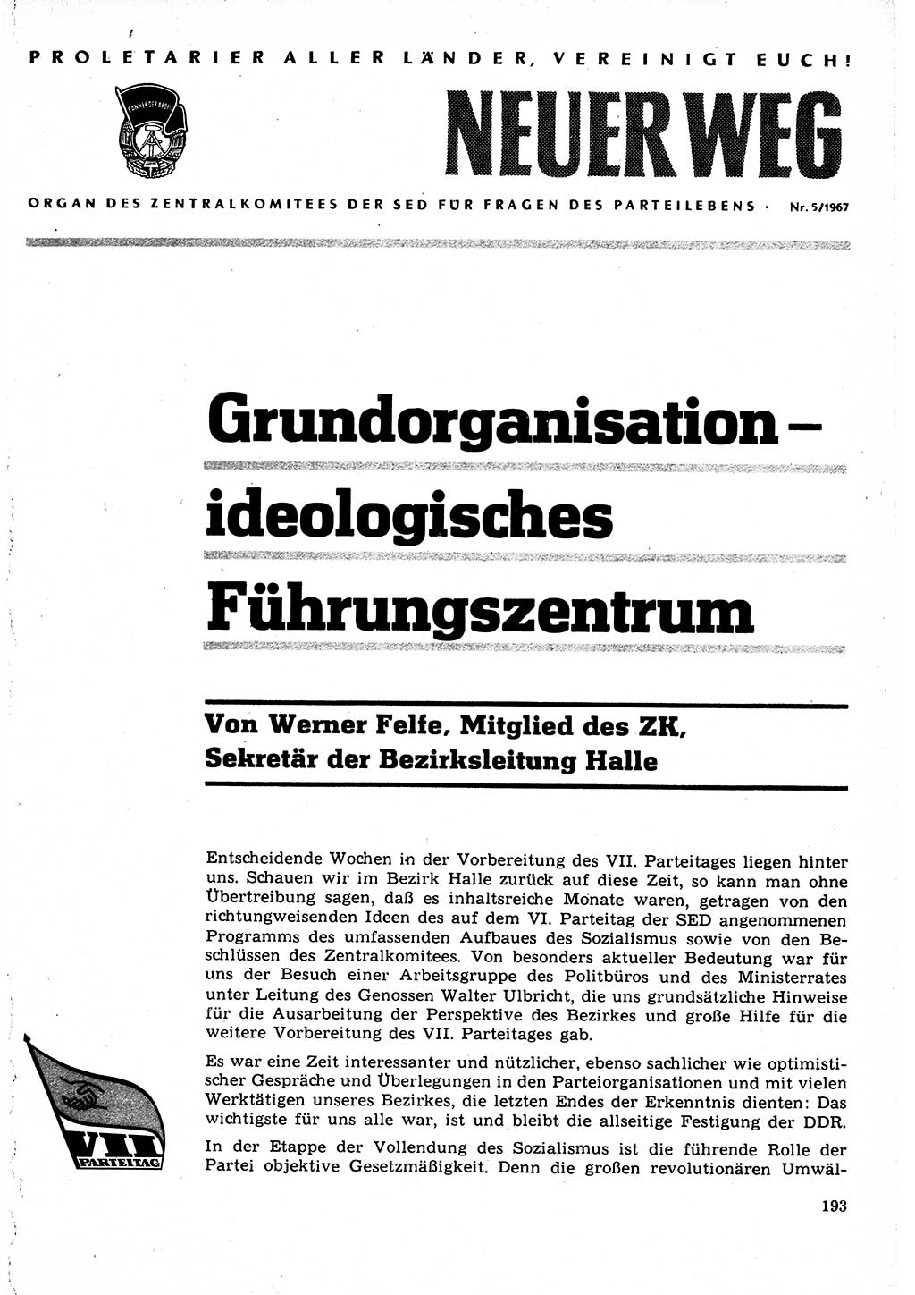 Neuer Weg (NW), Organ des Zentralkomitees (ZK) der SED (Sozialistische Einheitspartei Deutschlands) für Fragen des Parteilebens, 22. Jahrgang [Deutsche Demokratische Republik (DDR)] 1967, Seite 193 (NW ZK SED DDR 1967, S. 193)