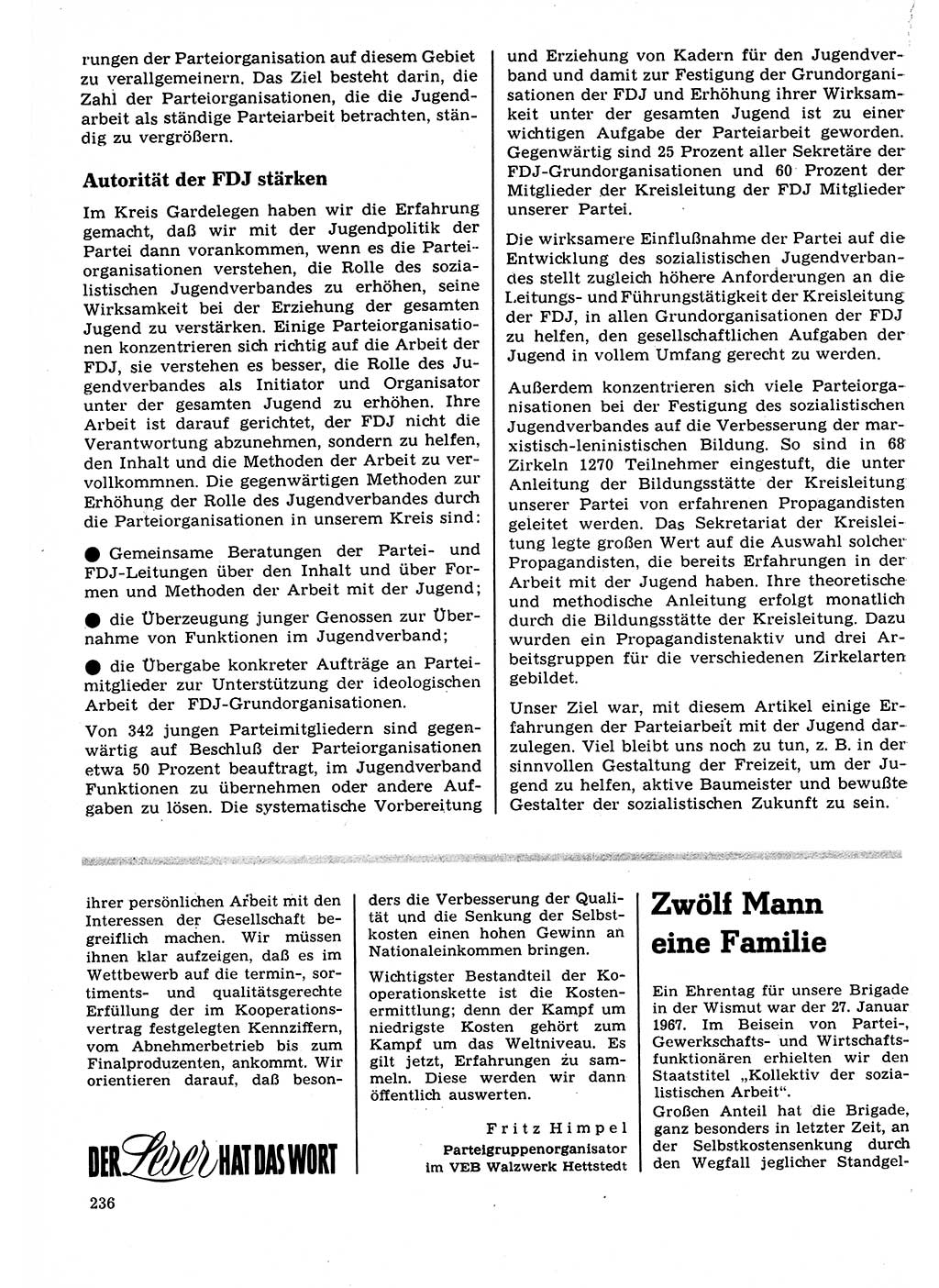 Neuer Weg (NW), Organ des Zentralkomitees (ZK) der SED (Sozialistische Einheitspartei Deutschlands) für Fragen des Parteilebens, 22. Jahrgang [Deutsche Demokratische Republik (DDR)] 1967, Seite 236 (NW ZK SED DDR 1967, S. 236)