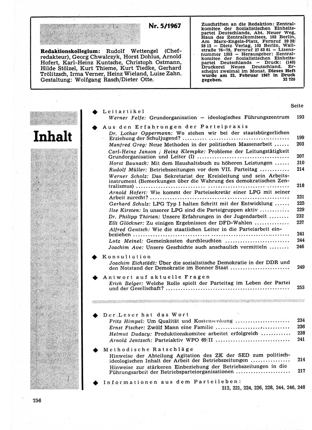 Neuer Weg (NW), Organ des Zentralkomitees (ZK) der SED (Sozialistische Einheitspartei Deutschlands) für Fragen des Parteilebens, 22. Jahrgang [Deutsche Demokratische Republik (DDR)] 1967, Seite 256 (NW ZK SED DDR 1967, S. 256)