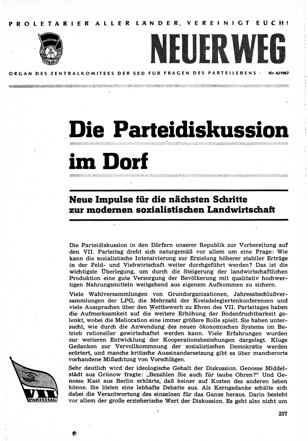 Neuer Weg (NW), Organ des Zentralkomitees (ZK) der SED (Sozialistische Einheitspartei Deutschlands) für Fragen des Parteilebens, 22. Jahrgang [Deutsche Demokratische Republik (DDR)] 1967, Seite 257 (NW ZK SED DDR 1967, S. 257)