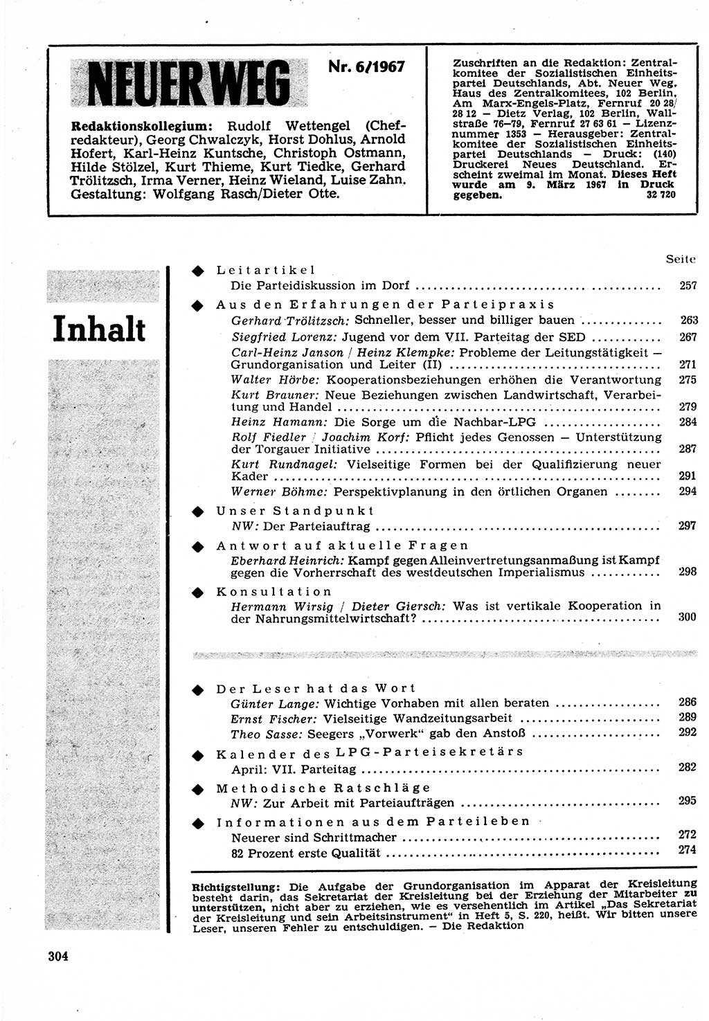 Neuer Weg (NW), Organ des Zentralkomitees (ZK) der SED (Sozialistische Einheitspartei Deutschlands) für Fragen des Parteilebens, 22. Jahrgang [Deutsche Demokratische Republik (DDR)] 1967, Seite 304 (NW ZK SED DDR 1967, S. 304)