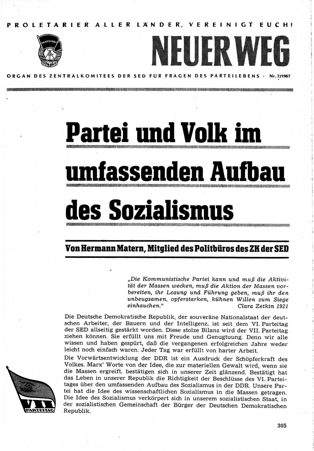 Neuer Weg (NW), Organ des Zentralkomitees (ZK) der SED (Sozialistische Einheitspartei Deutschlands) für Fragen des Parteilebens, 22. Jahrgang [Deutsche Demokratische Republik (DDR)] 1967, Seite 305 (NW ZK SED DDR 1967, S. 305)