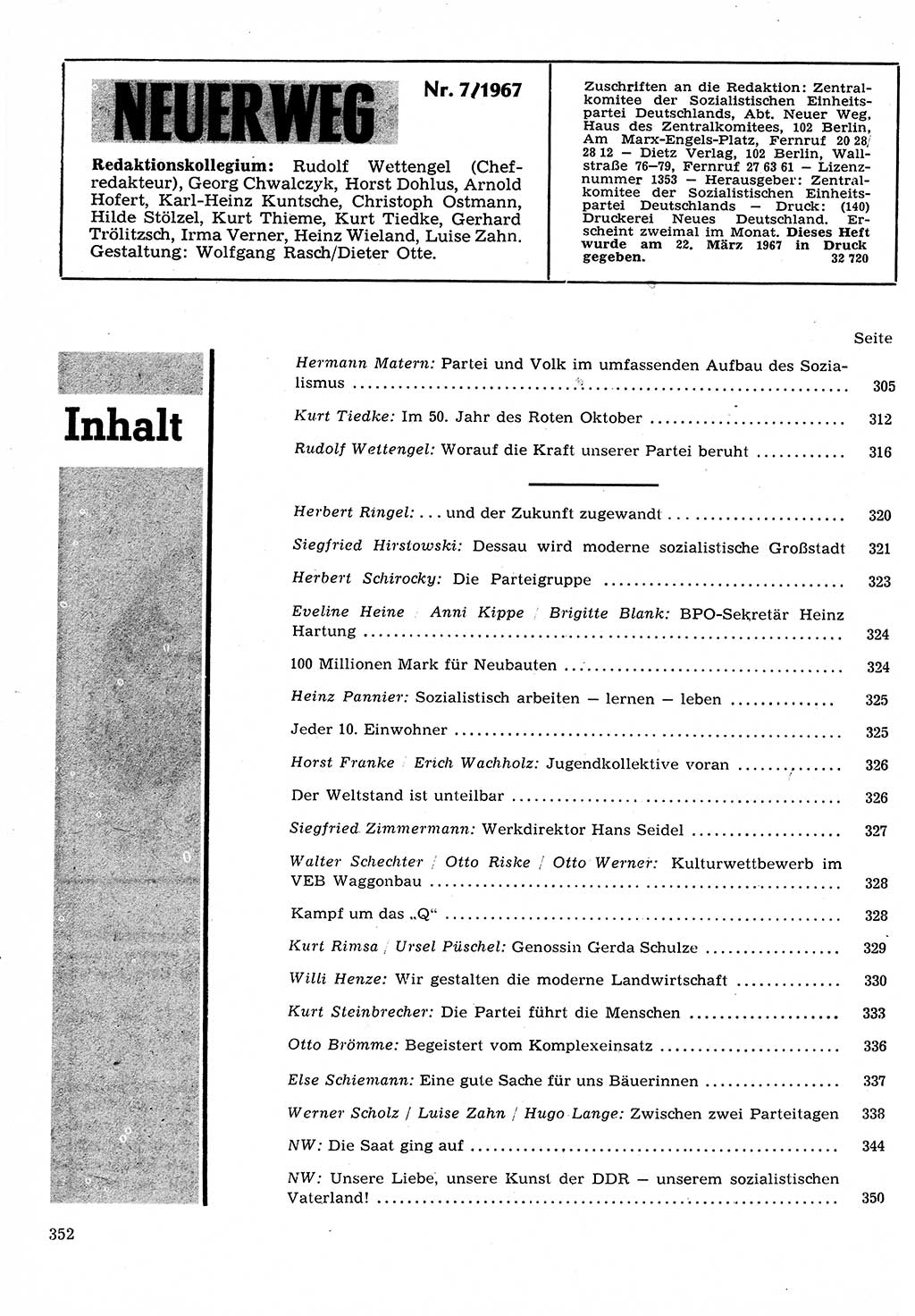 Neuer Weg (NW), Organ des Zentralkomitees (ZK) der SED (Sozialistische Einheitspartei Deutschlands) für Fragen des Parteilebens, 22. Jahrgang [Deutsche Demokratische Republik (DDR)] 1967, Seite 352 (NW ZK SED DDR 1967, S. 352)