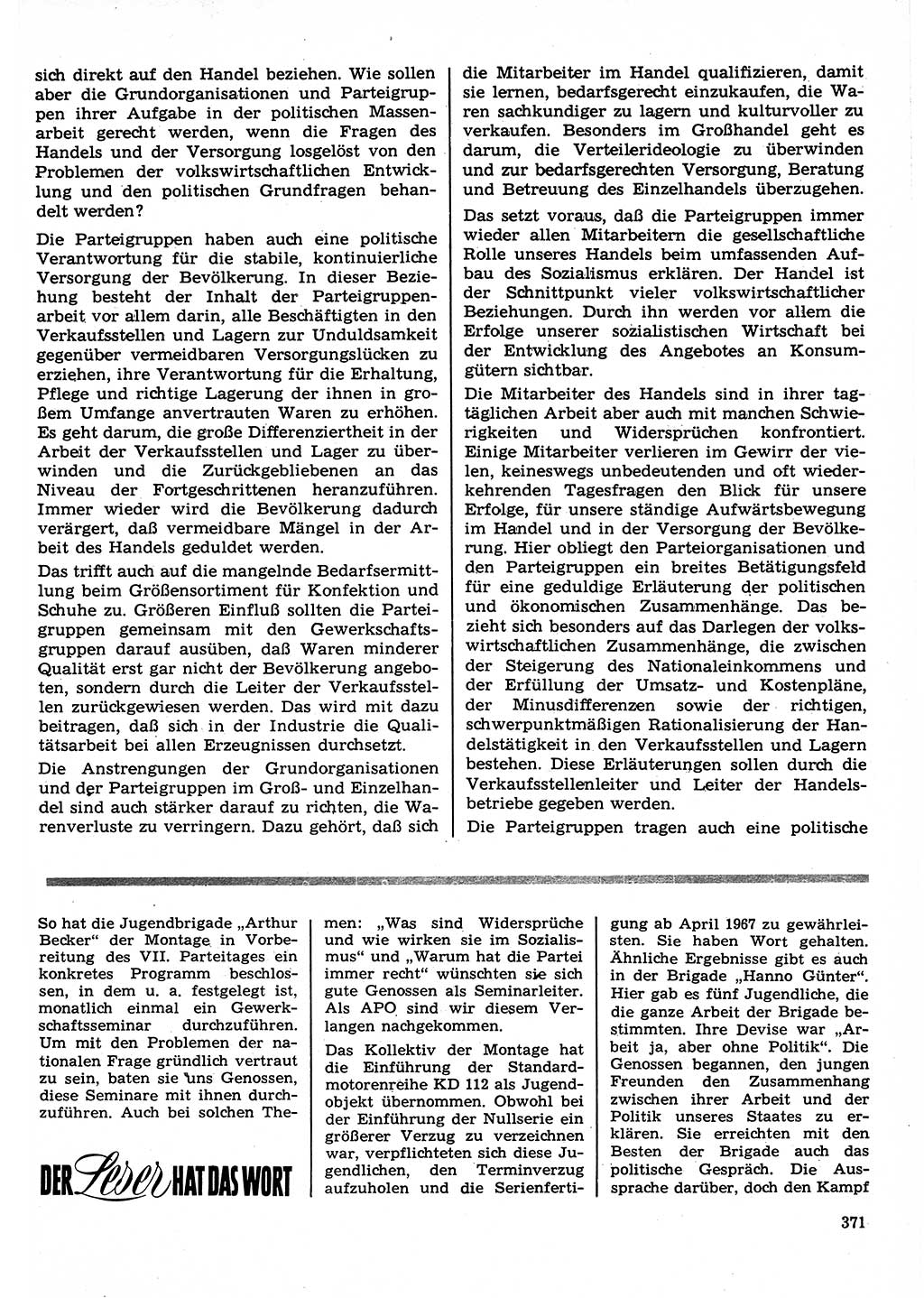 Neuer Weg (NW), Organ des Zentralkomitees (ZK) der SED (Sozialistische Einheitspartei Deutschlands) für Fragen des Parteilebens, 22. Jahrgang [Deutsche Demokratische Republik (DDR)] 1967, Seite 371 (NW ZK SED DDR 1967, S. 371)