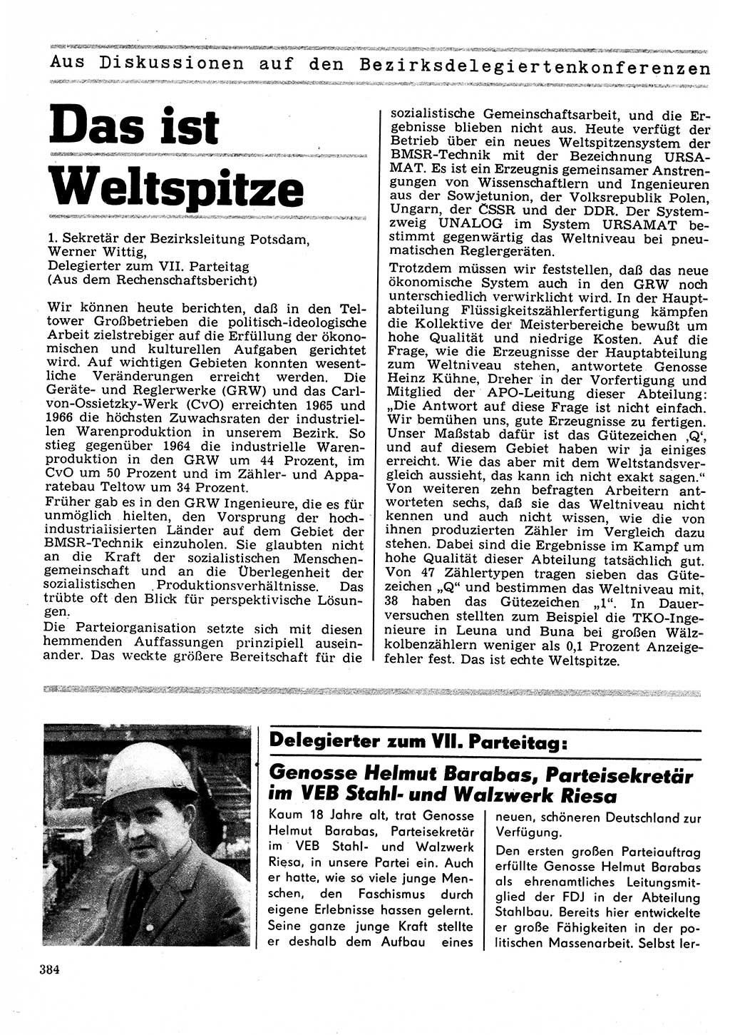 Neuer Weg (NW), Organ des Zentralkomitees (ZK) der SED (Sozialistische Einheitspartei Deutschlands) für Fragen des Parteilebens, 22. Jahrgang [Deutsche Demokratische Republik (DDR)] 1967, Seite 384 (NW ZK SED DDR 1967, S. 384)