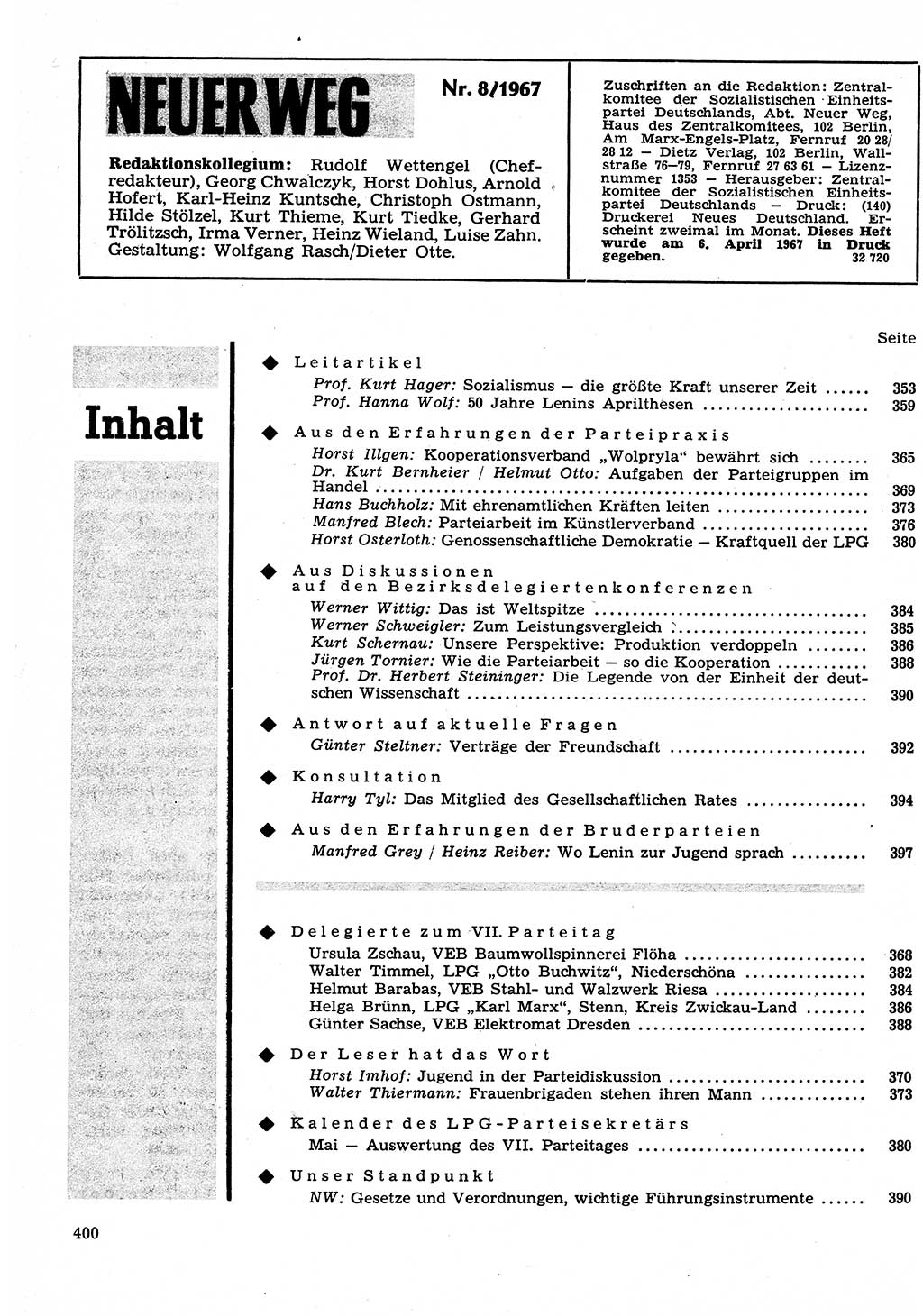 Neuer Weg (NW), Organ des Zentralkomitees (ZK) der SED (Sozialistische Einheitspartei Deutschlands) für Fragen des Parteilebens, 22. Jahrgang [Deutsche Demokratische Republik (DDR)] 1967, Seite 400 (NW ZK SED DDR 1967, S. 400)