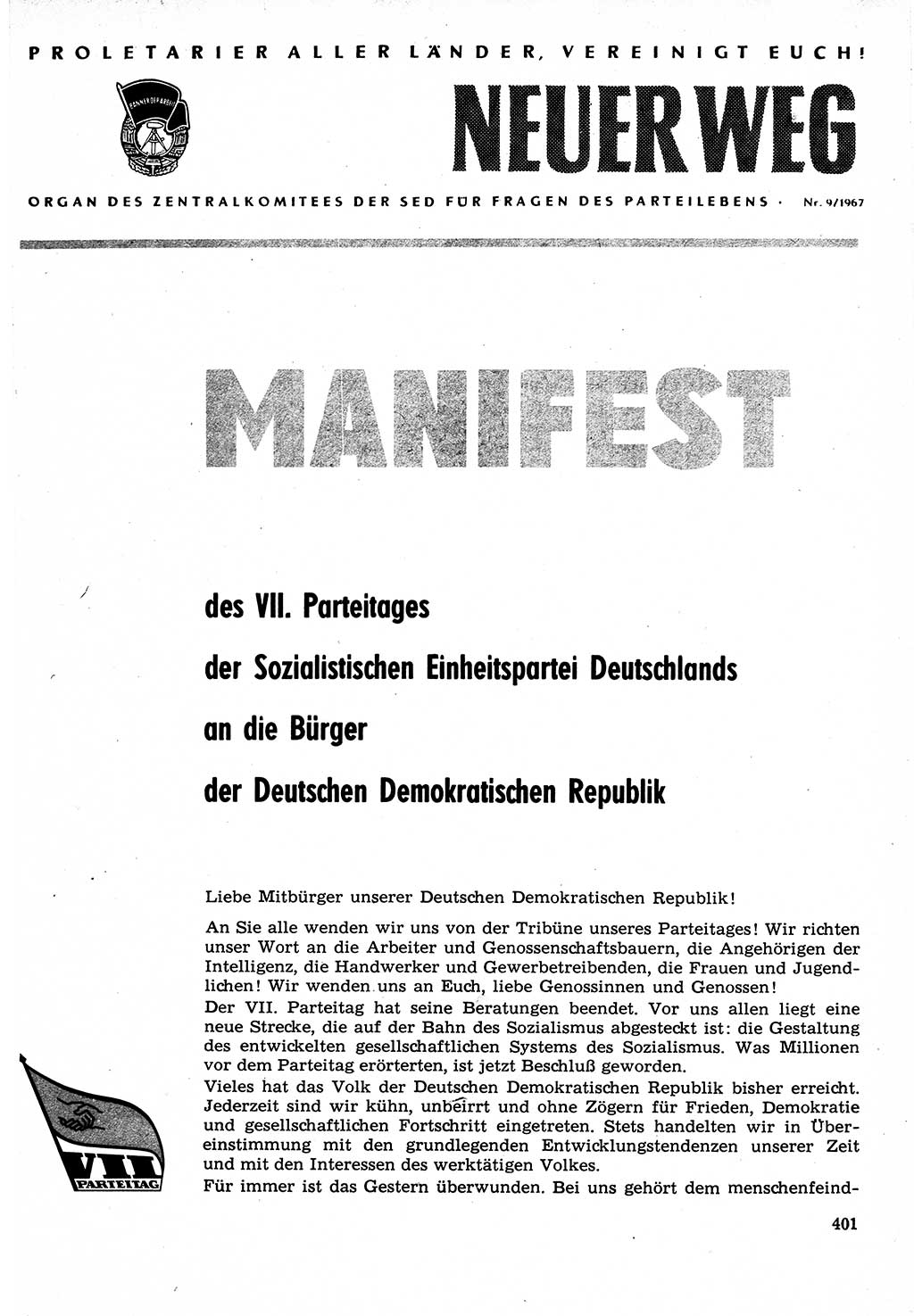 Neuer Weg (NW), Organ des Zentralkomitees (ZK) der SED (Sozialistische Einheitspartei Deutschlands) für Fragen des Parteilebens, 22. Jahrgang [Deutsche Demokratische Republik (DDR)] 1967, Seite 401 (NW ZK SED DDR 1967, S. 401)