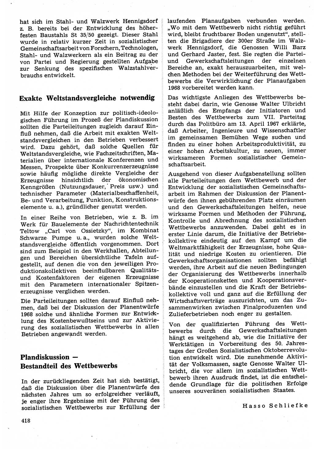 Neuer Weg (NW), Organ des Zentralkomitees (ZK) der SED (Sozialistische Einheitspartei Deutschlands) für Fragen des Parteilebens, 22. Jahrgang [Deutsche Demokratische Republik (DDR)] 1967, Seite 418 (NW ZK SED DDR 1967, S. 418)