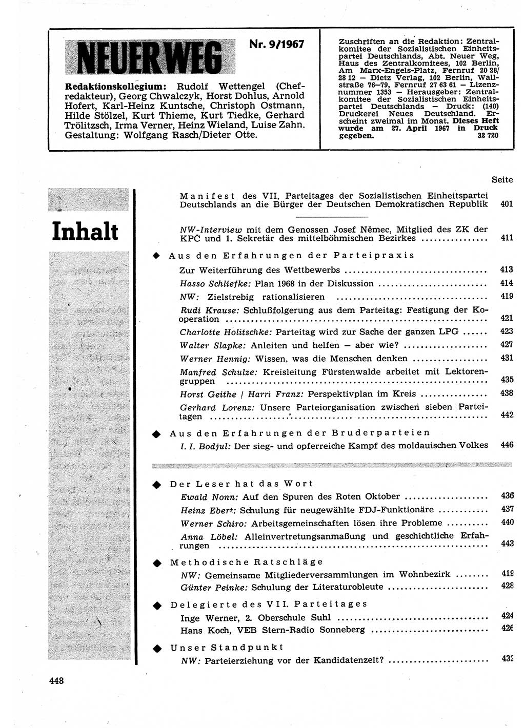 Neuer Weg (NW), Organ des Zentralkomitees (ZK) der SED (Sozialistische Einheitspartei Deutschlands) für Fragen des Parteilebens, 22. Jahrgang [Deutsche Demokratische Republik (DDR)] 1967, Seite 448 (NW ZK SED DDR 1967, S. 448)