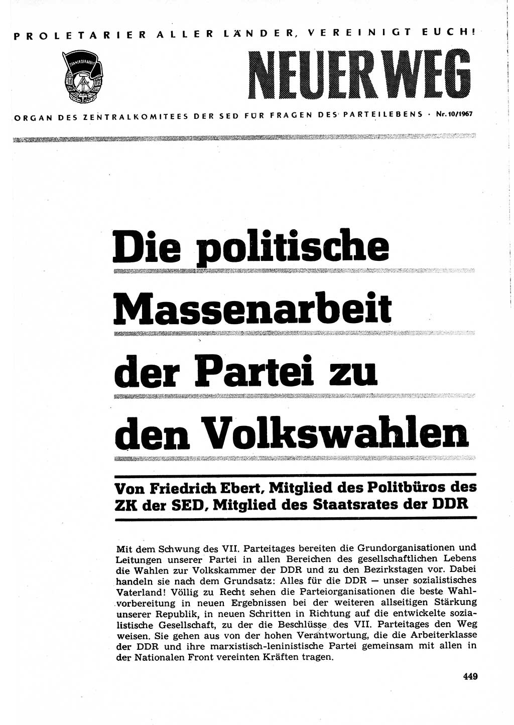 Neuer Weg (NW), Organ des Zentralkomitees (ZK) der SED (Sozialistische Einheitspartei Deutschlands) für Fragen des Parteilebens, 22. Jahrgang [Deutsche Demokratische Republik (DDR)] 1967, Seite 449 (NW ZK SED DDR 1967, S. 449)