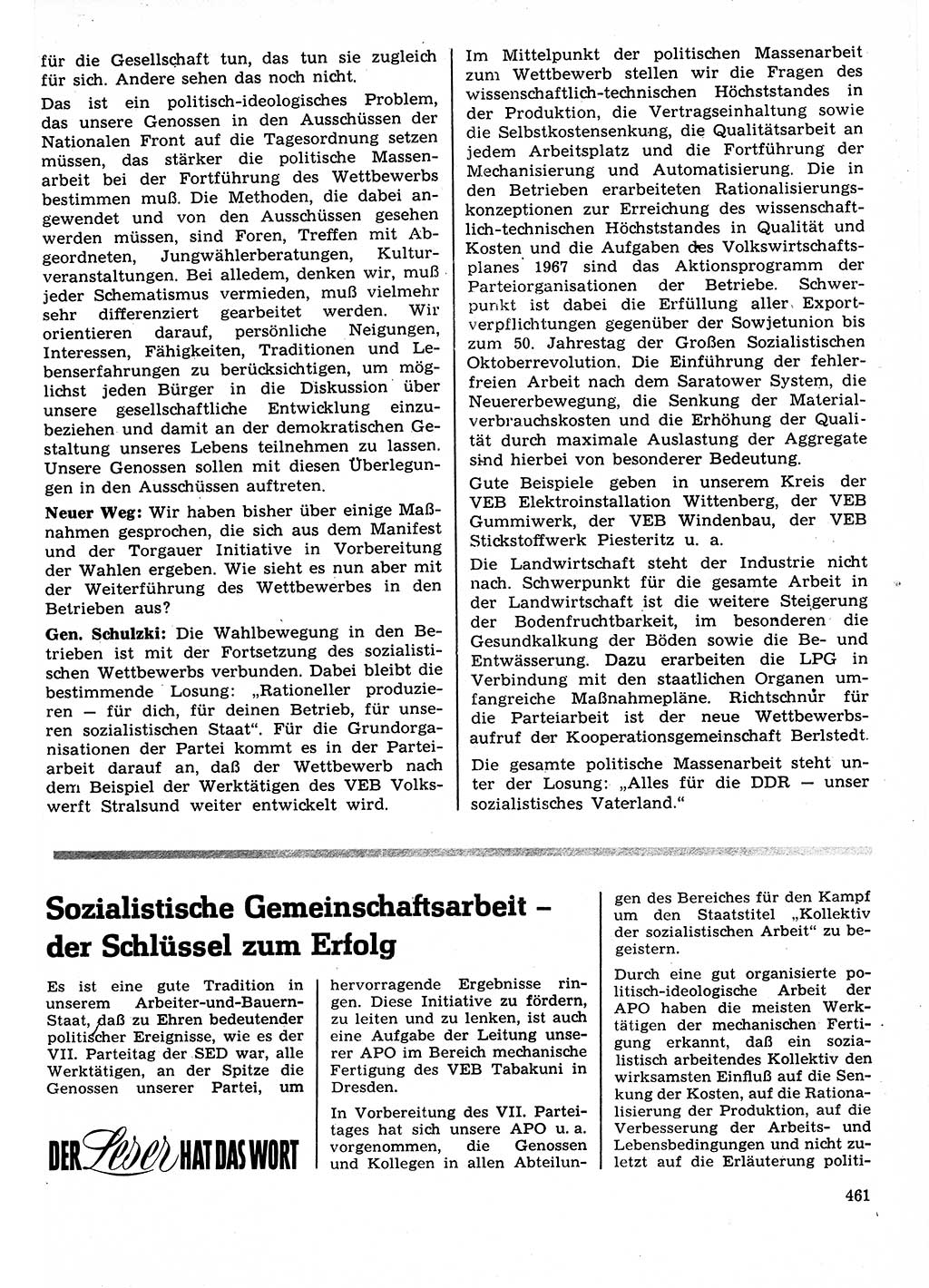 Neuer Weg (NW), Organ des Zentralkomitees (ZK) der SED (Sozialistische Einheitspartei Deutschlands) für Fragen des Parteilebens, 22. Jahrgang [Deutsche Demokratische Republik (DDR)] 1967, Seite 461 (NW ZK SED DDR 1967, S. 461)