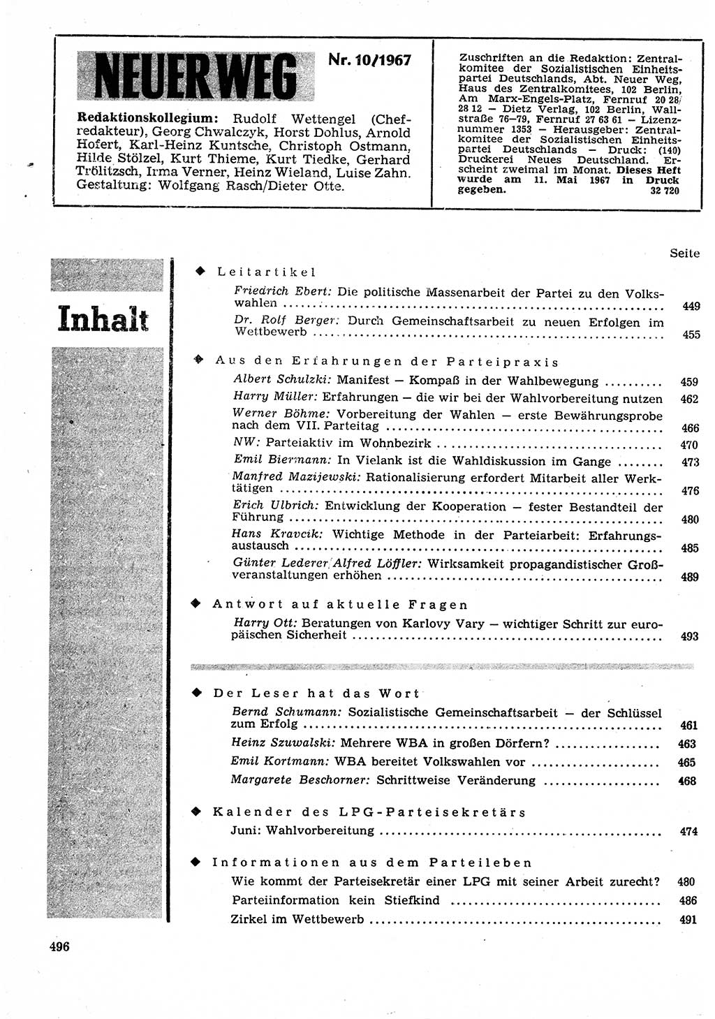 Neuer Weg (NW), Organ des Zentralkomitees (ZK) der SED (Sozialistische Einheitspartei Deutschlands) für Fragen des Parteilebens, 22. Jahrgang [Deutsche Demokratische Republik (DDR)] 1967, Seite 496 (NW ZK SED DDR 1967, S. 496)