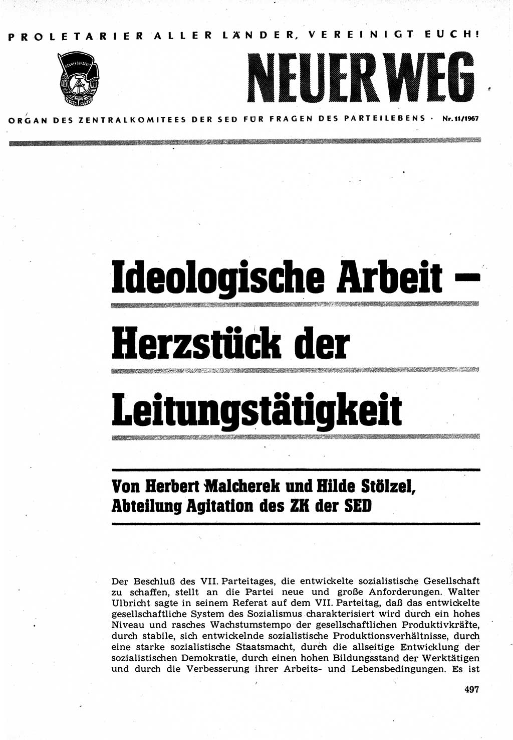 Neuer Weg (NW), Organ des Zentralkomitees (ZK) der SED (Sozialistische Einheitspartei Deutschlands) für Fragen des Parteilebens, 22. Jahrgang [Deutsche Demokratische Republik (DDR)] 1967, Seite 497 (NW ZK SED DDR 1967, S. 497)