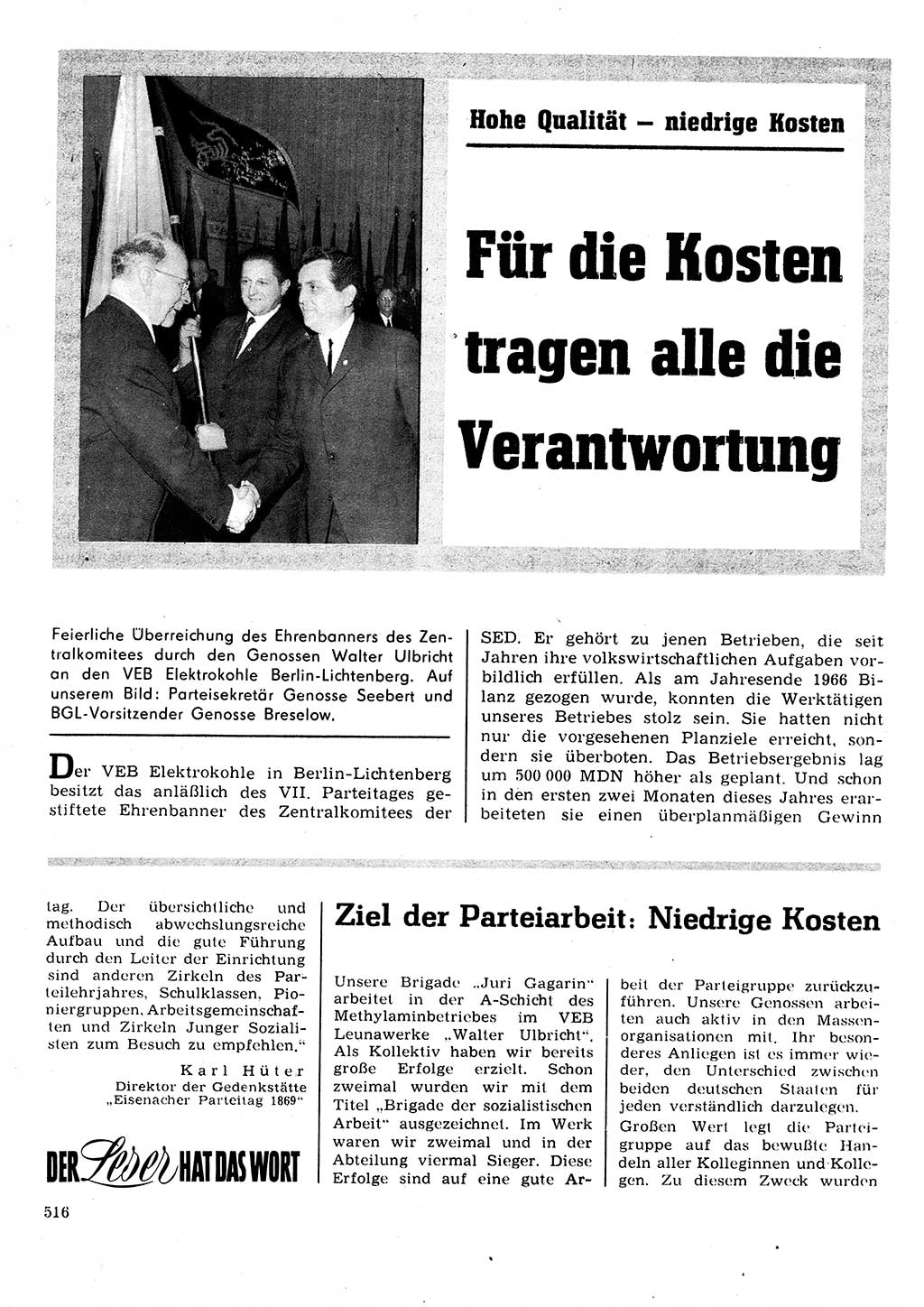 Neuer Weg (NW), Organ des Zentralkomitees (ZK) der SED (Sozialistische Einheitspartei Deutschlands) für Fragen des Parteilebens, 22. Jahrgang [Deutsche Demokratische Republik (DDR)] 1967, Seite 516 (NW ZK SED DDR 1967, S. 516)