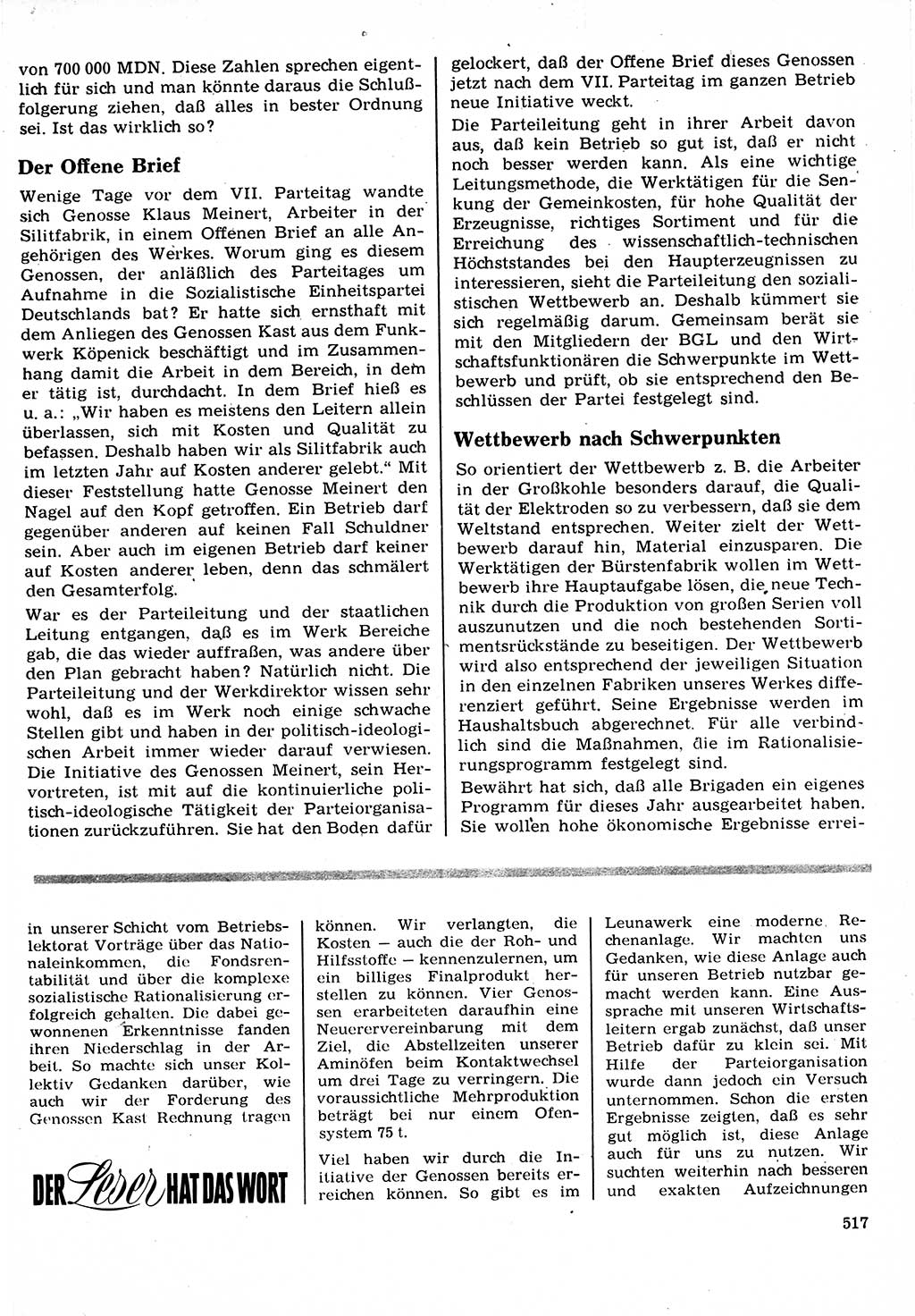 Neuer Weg (NW), Organ des Zentralkomitees (ZK) der SED (Sozialistische Einheitspartei Deutschlands) für Fragen des Parteilebens, 22. Jahrgang [Deutsche Demokratische Republik (DDR)] 1967, Seite 517 (NW ZK SED DDR 1967, S. 517)