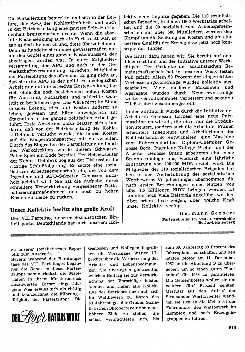 Neuer Weg (NW), Organ des Zentralkomitees (ZK) der SED (Sozialistische Einheitspartei Deutschlands) für Fragen des Parteilebens, 22. Jahrgang [Deutsche Demokratische Republik (DDR)] 1967, Seite 519 (NW ZK SED DDR 1967, S. 519)