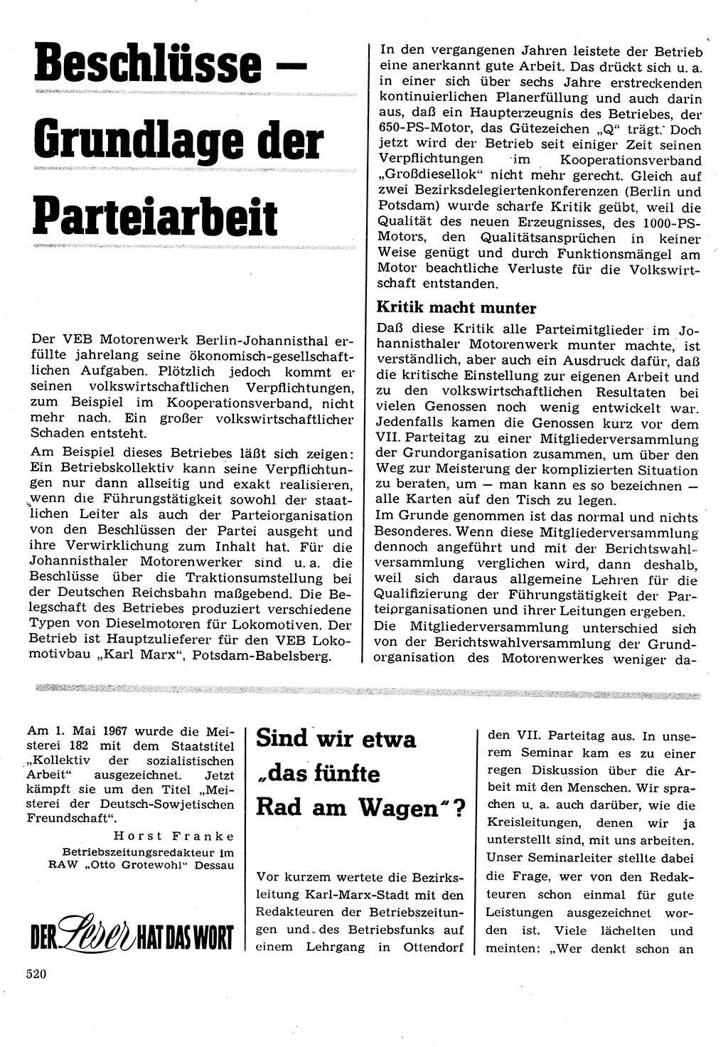 Neuer Weg (NW), Organ des Zentralkomitees (ZK) der SED (Sozialistische Einheitspartei Deutschlands) für Fragen des Parteilebens, 22. Jahrgang [Deutsche Demokratische Republik (DDR)] 1967, Seite 520 (NW ZK SED DDR 1967, S. 520)