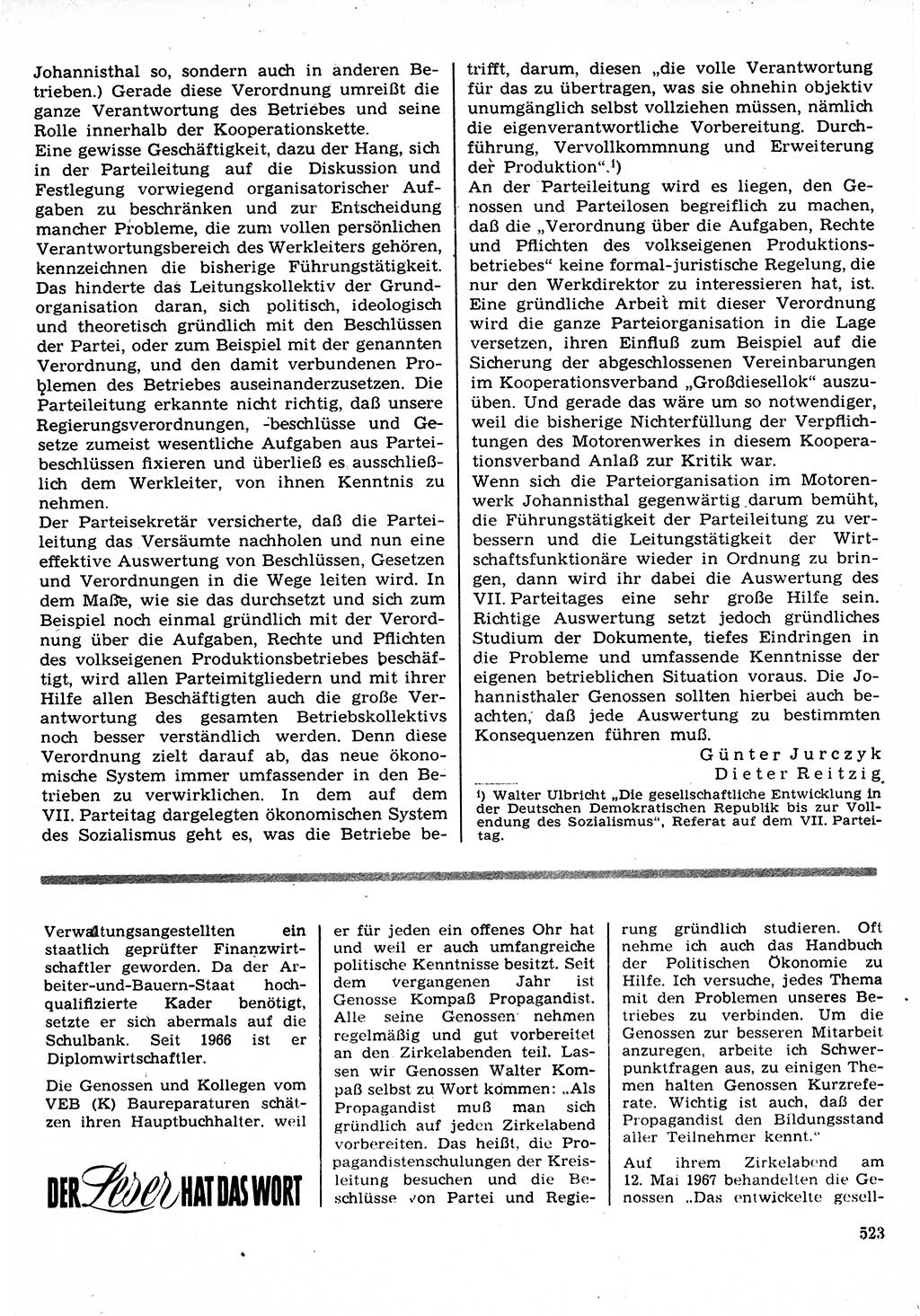 Neuer Weg (NW), Organ des Zentralkomitees (ZK) der SED (Sozialistische Einheitspartei Deutschlands) für Fragen des Parteilebens, 22. Jahrgang [Deutsche Demokratische Republik (DDR)] 1967, Seite 523 (NW ZK SED DDR 1967, S. 523)