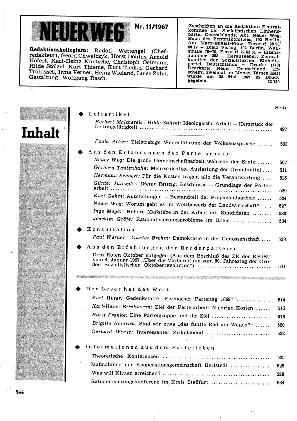 Neuer Weg (NW), Organ des Zentralkomitees (ZK) der SED (Sozialistische Einheitspartei Deutschlands) für Fragen des Parteilebens, 22. Jahrgang [Deutsche Demokratische Republik (DDR)] 1967, Seite 544 (NW ZK SED DDR 1967, S. 544)