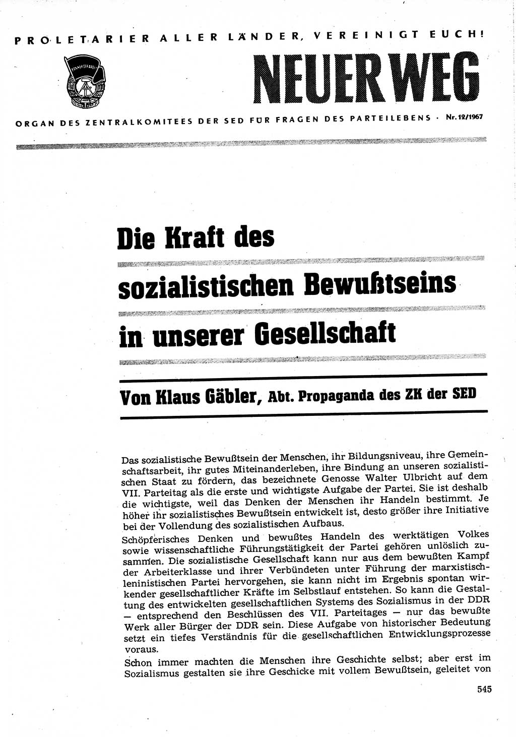 Neuer Weg (NW), Organ des Zentralkomitees (ZK) der SED (Sozialistische Einheitspartei Deutschlands) für Fragen des Parteilebens, 22. Jahrgang [Deutsche Demokratische Republik (DDR)] 1967, Seite 545 (NW ZK SED DDR 1967, S. 545)