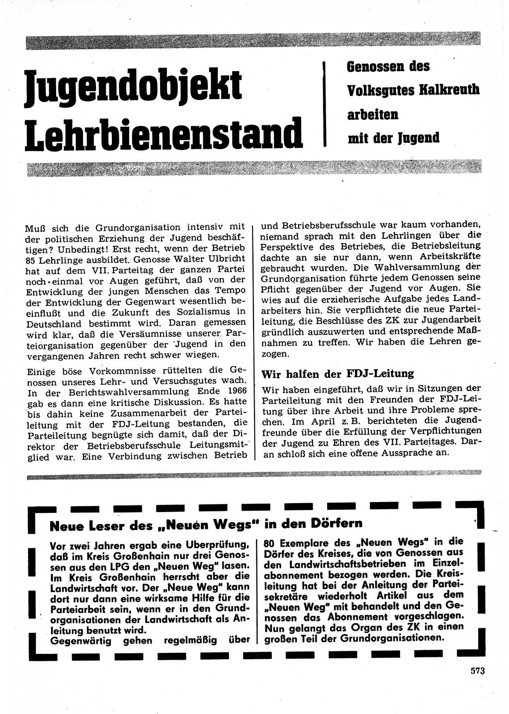 Neuer Weg (NW), Organ des Zentralkomitees (ZK) der SED (Sozialistische Einheitspartei Deutschlands) für Fragen des Parteilebens, 22. Jahrgang [Deutsche Demokratische Republik (DDR)] 1967, Seite 573 (NW ZK SED DDR 1967, S. 573)