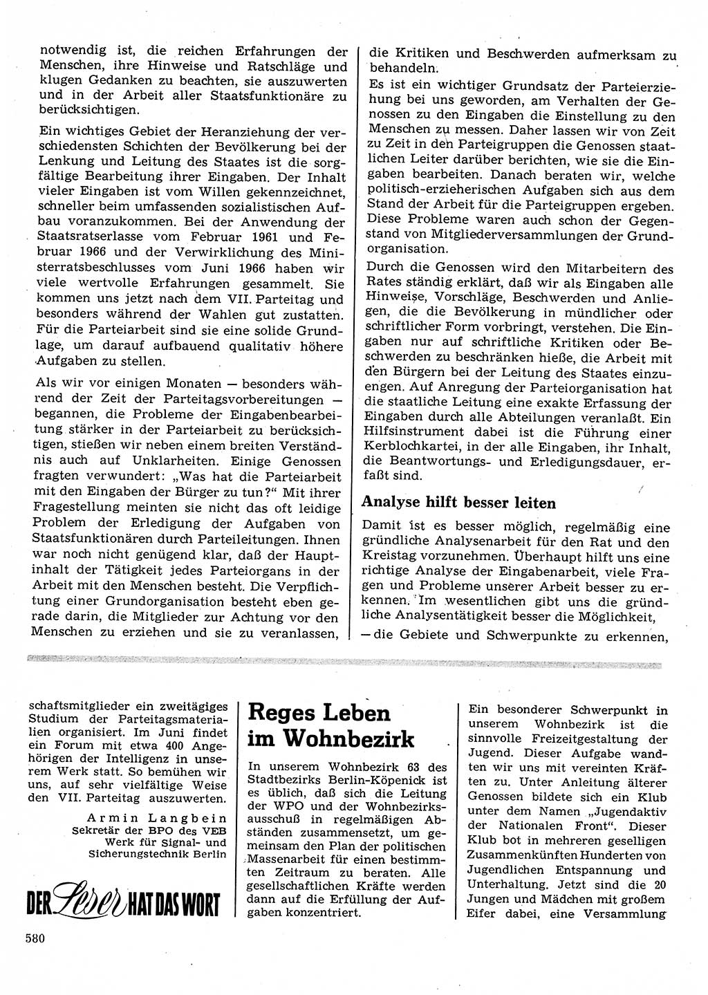 Neuer Weg (NW), Organ des Zentralkomitees (ZK) der SED (Sozialistische Einheitspartei Deutschlands) für Fragen des Parteilebens, 22. Jahrgang [Deutsche Demokratische Republik (DDR)] 1967, Seite 580 (NW ZK SED DDR 1967, S. 580)