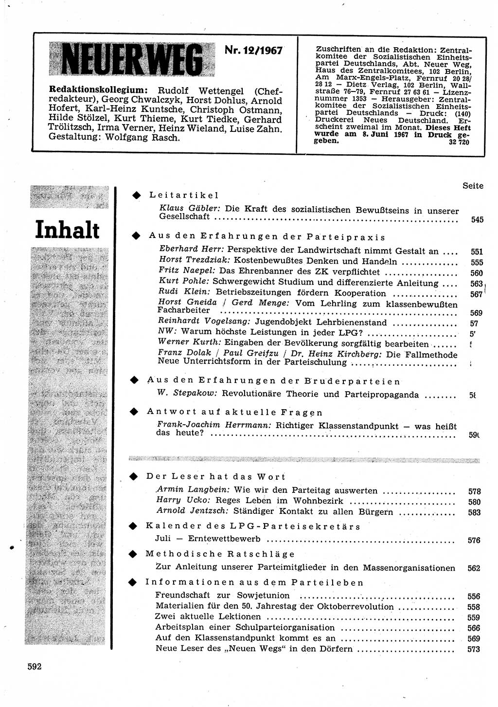 Neuer Weg (NW), Organ des Zentralkomitees (ZK) der SED (Sozialistische Einheitspartei Deutschlands) für Fragen des Parteilebens, 22. Jahrgang [Deutsche Demokratische Republik (DDR)] 1967, Seite 592 (NW ZK SED DDR 1967, S. 592)