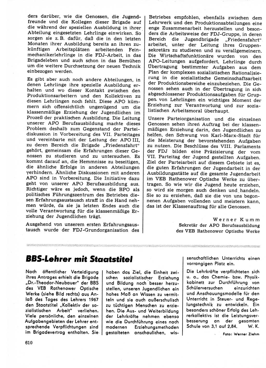 Neuer Weg (NW), Organ des Zentralkomitees (ZK) der SED (Sozialistische Einheitspartei Deutschlands) für Fragen des Parteilebens, 22. Jahrgang [Deutsche Demokratische Republik (DDR)] 1967, Seite 610 (NW ZK SED DDR 1967, S. 610)