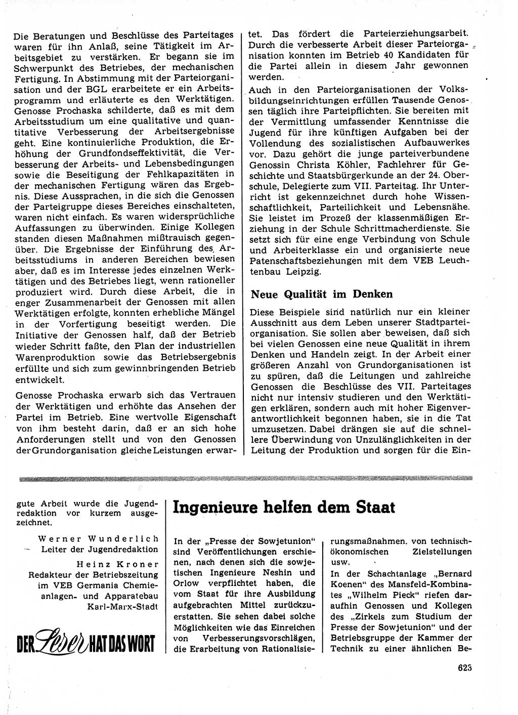 Neuer Weg (NW), Organ des Zentralkomitees (ZK) der SED (Sozialistische Einheitspartei Deutschlands) für Fragen des Parteilebens, 22. Jahrgang [Deutsche Demokratische Republik (DDR)] 1967, Seite 623 (NW ZK SED DDR 1967, S. 623)